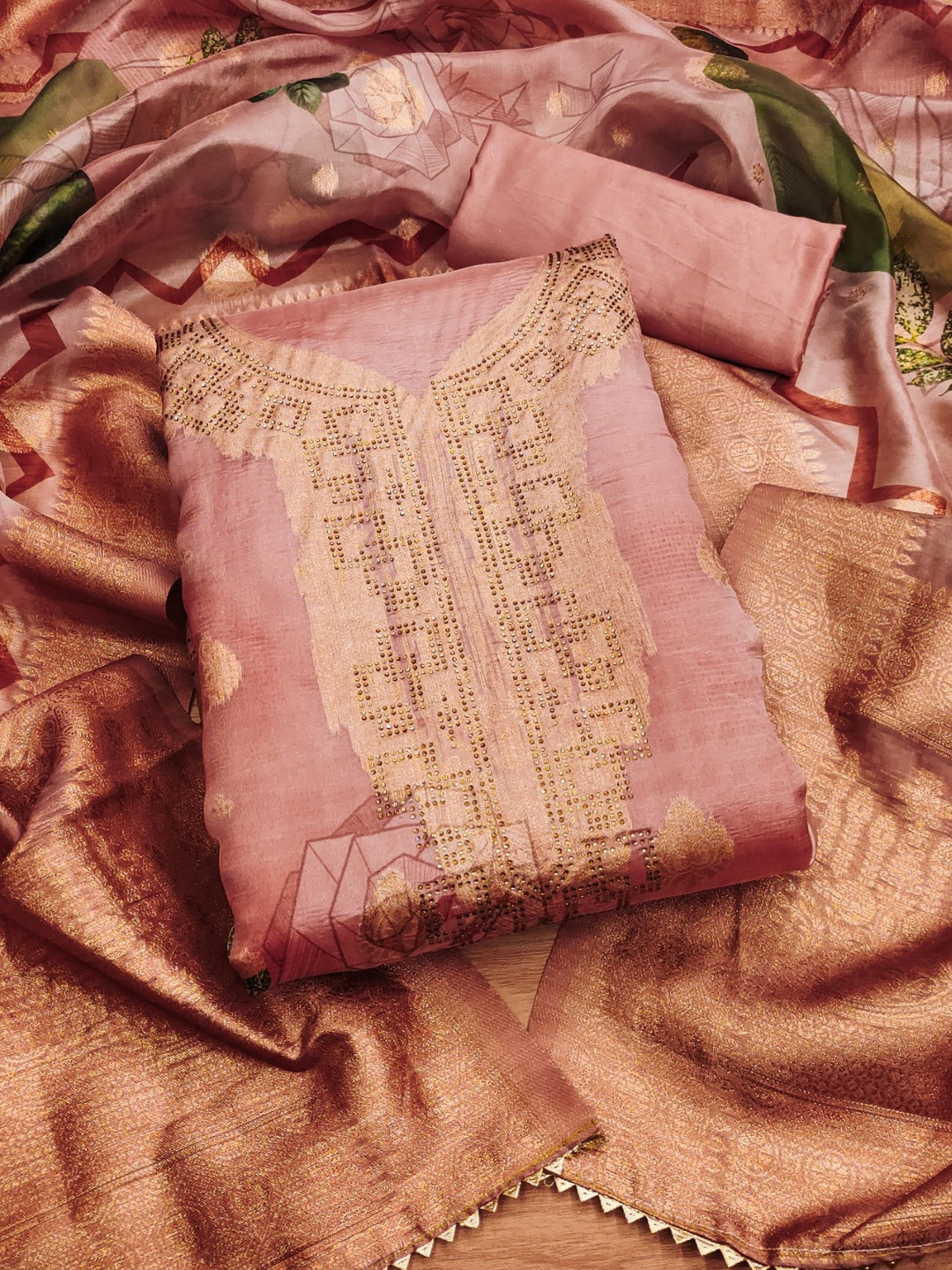 Panzora Floral Woven Design Stone Work Jacquard Organza Unstitched Dress Material