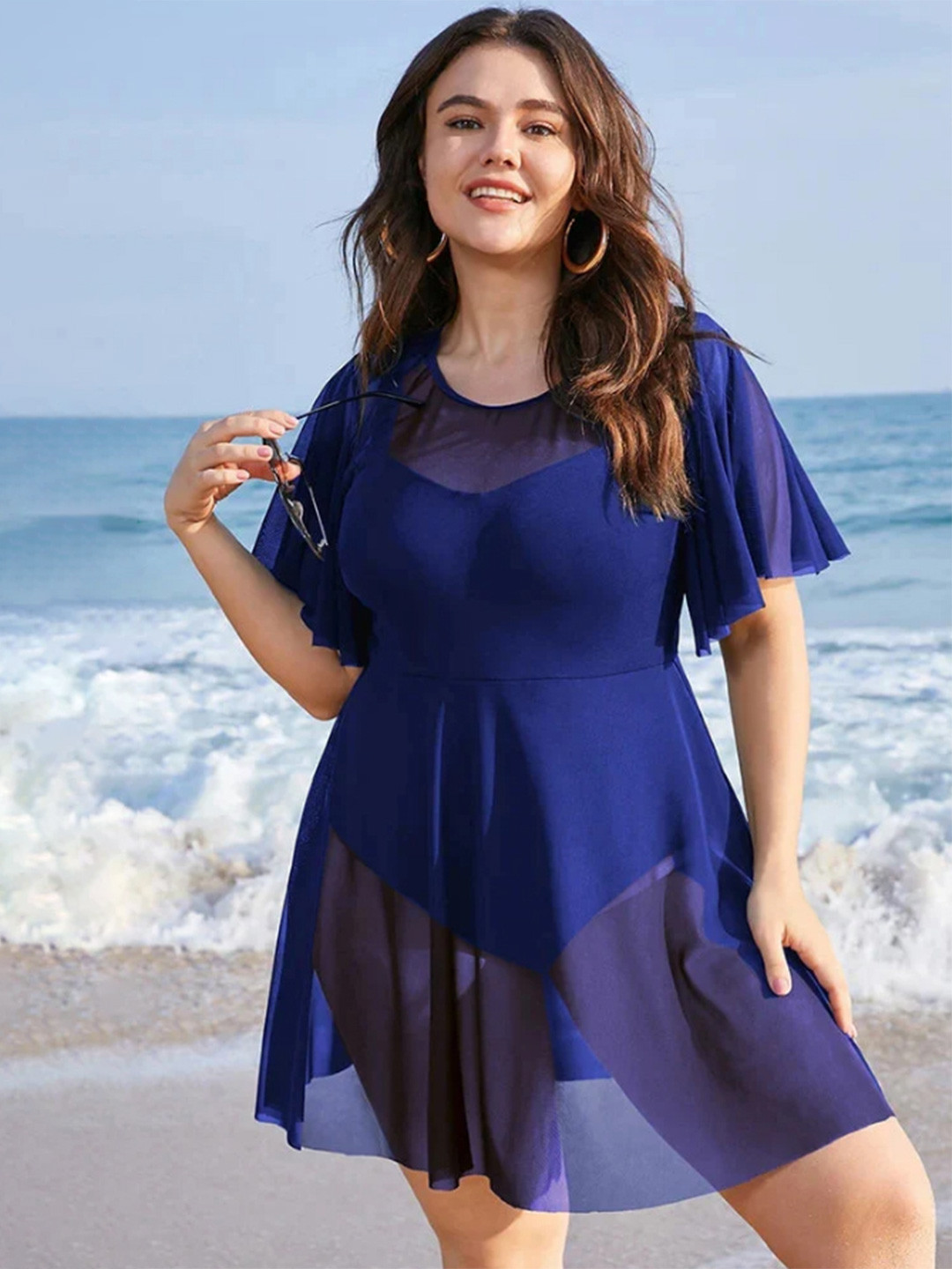 Plus Curvves Patchwork Ruffle Sleeve Plus Size Cover Up Swim Dress
