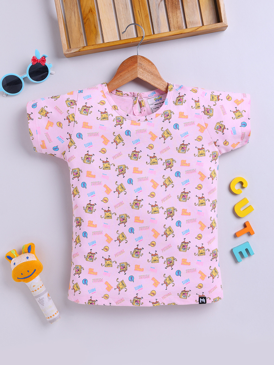 YK X Minute Mirth Girls Pure Cotton Spongebob Printed Top