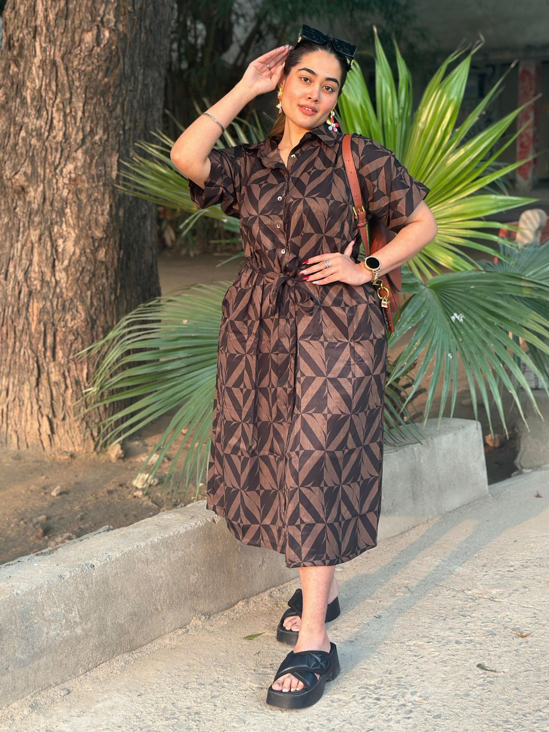 Safeera Women Geometric Cotton Satin Loose Fit Midi Dress