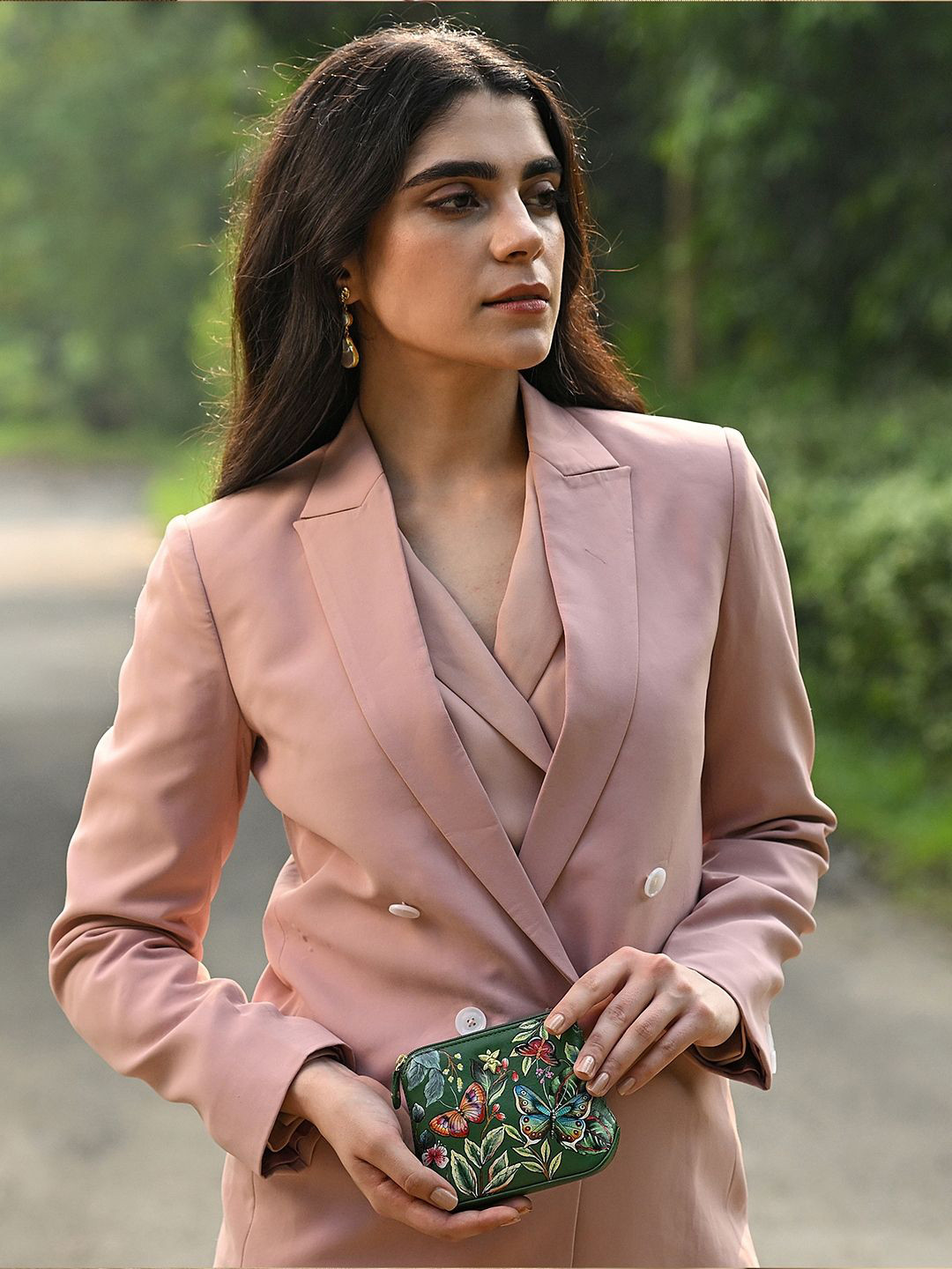 Anuschka Women Dancing Leaves Hand Painted Leather Multi Purpose Zip Pouch