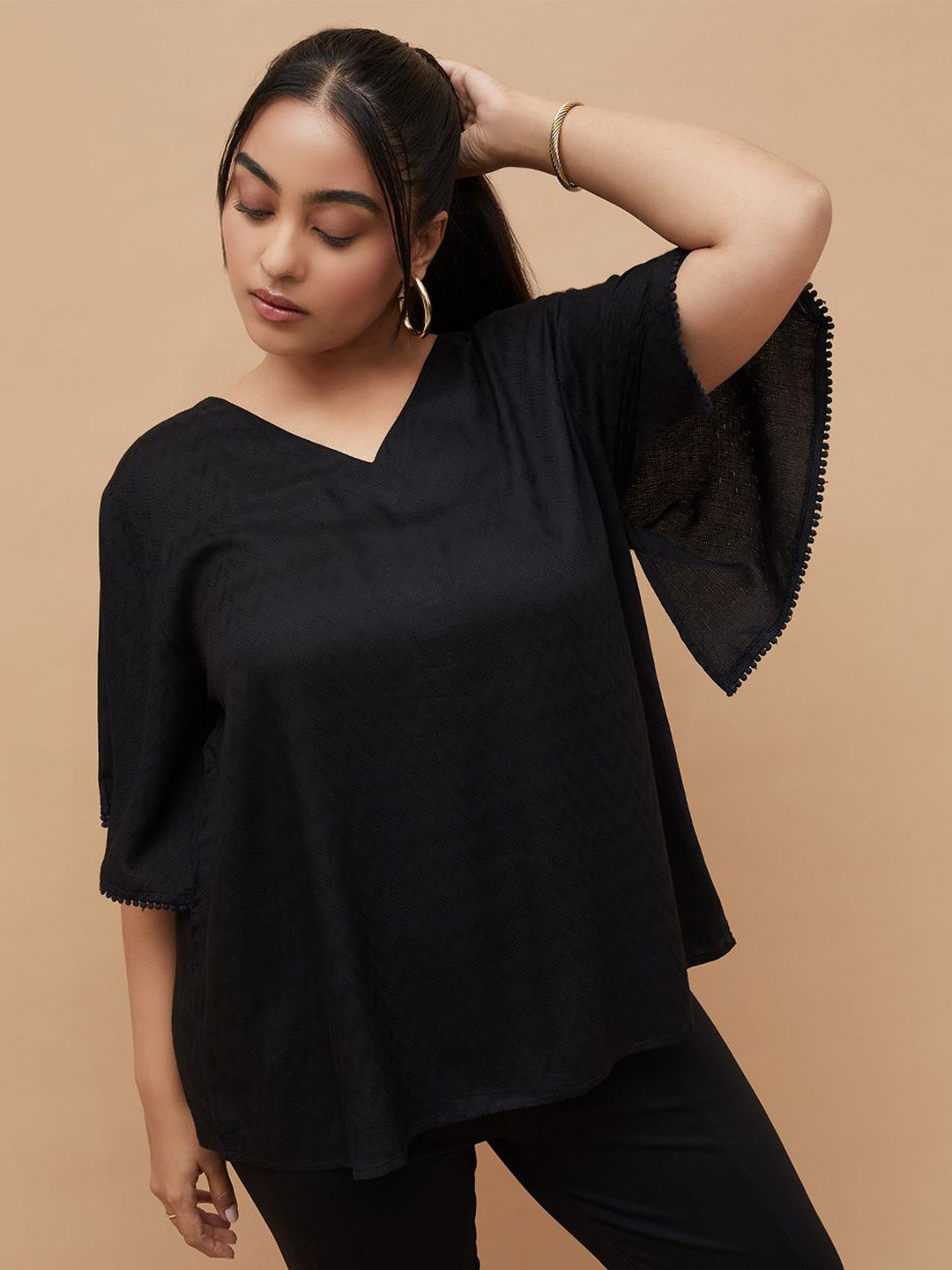 Nexus by Lifestyle Women Black Flared Sleeve Plus Size Kaftan Top