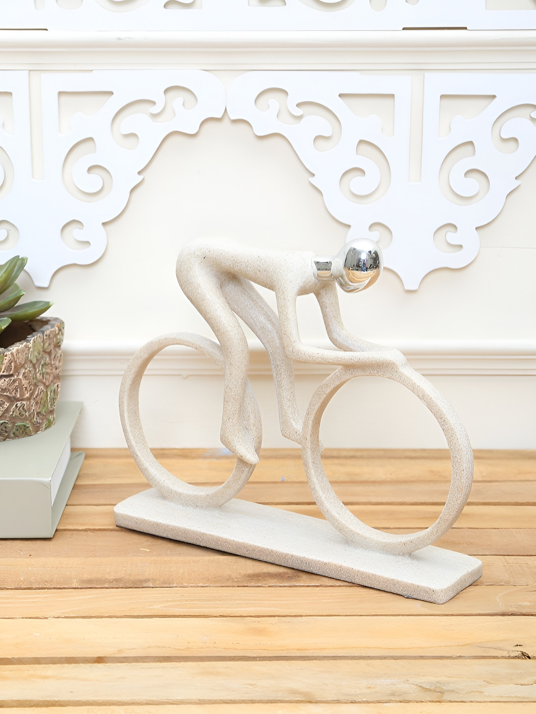 TAYHAA Cycling Pose Beige Polyresin Glossy Living Room Medium Showpiece - 6.7 Inches