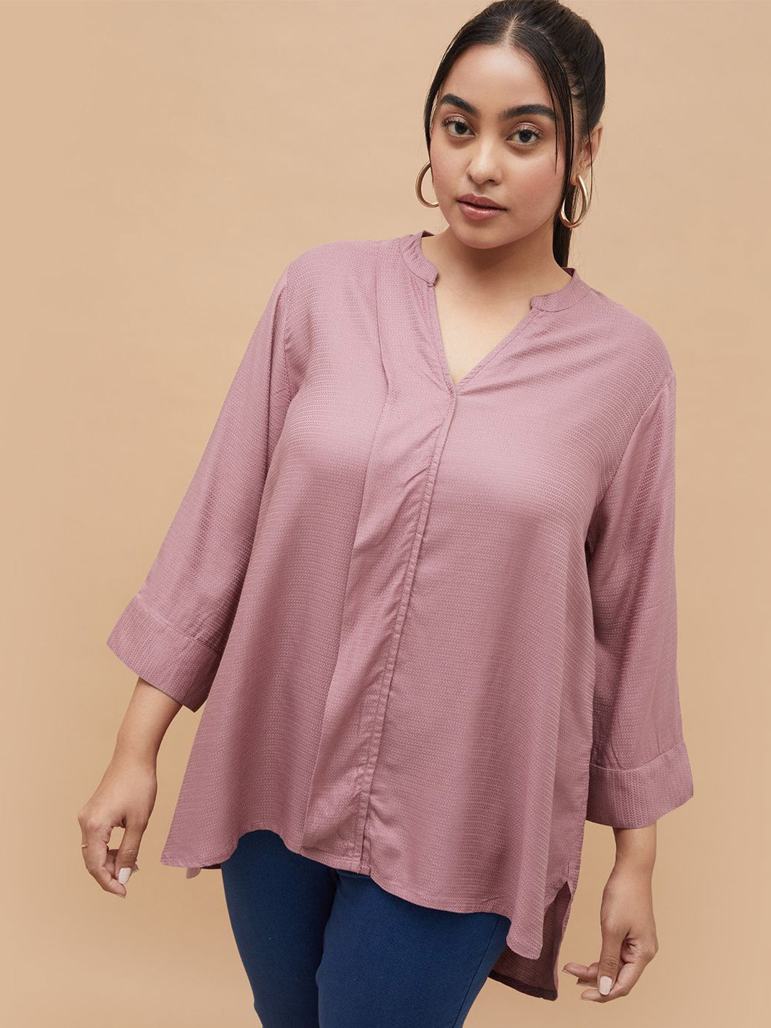 Nexus by Lifestyle Women Pink Plus Size Mandarin Collar High-Low Top