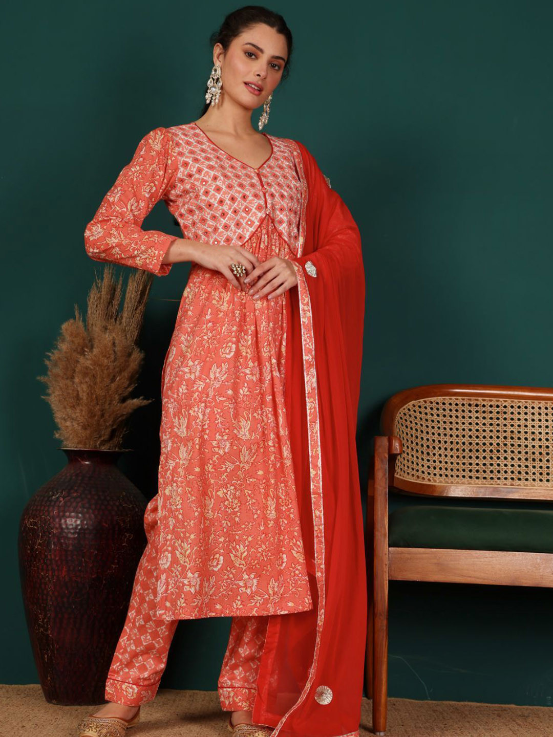 Lative Colours of Fashion Women Floral Yoke Design Panelled Mirror Work Pure Cotton Kurta with Trousers &