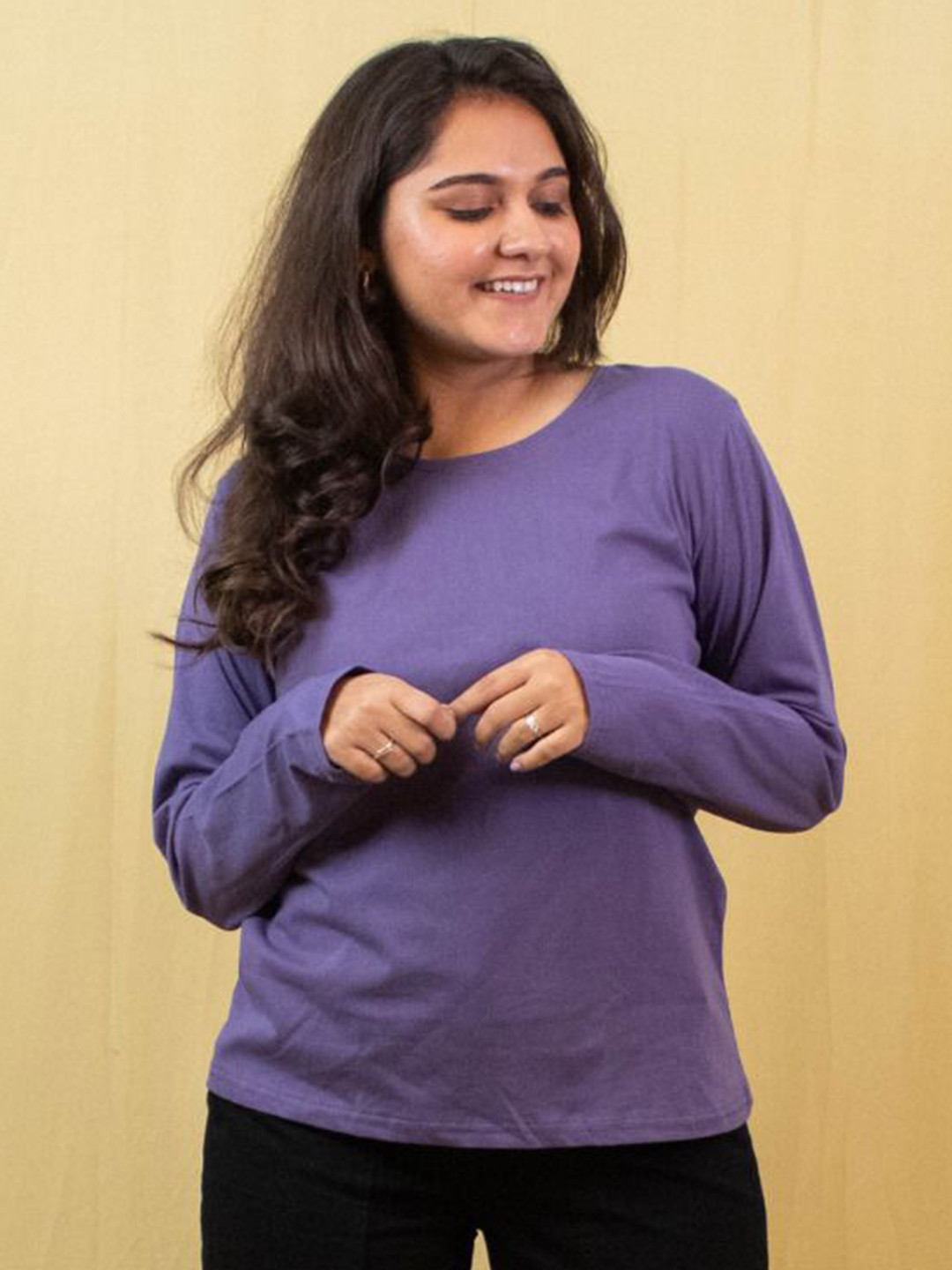 GlamZei Women Plain Solid Color Full Sleeves Round Neck Pure Cotton T-Shirt