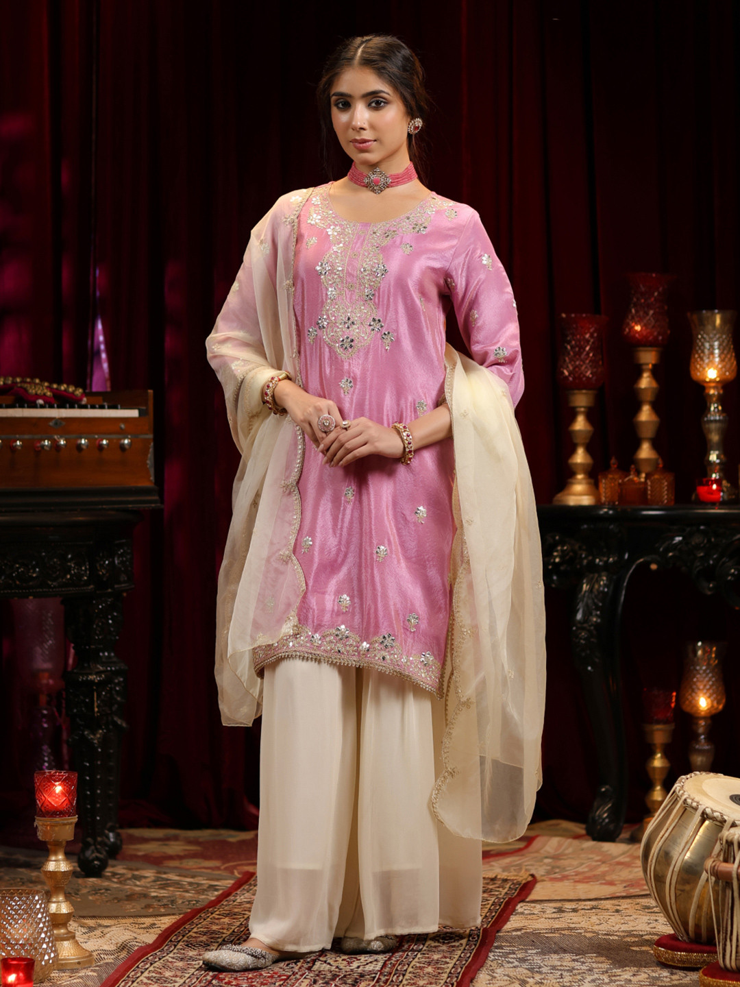Sindh Fashion Women Ethnic Motifs Embroidered Regular Thread Work Kurta with Palazzos & With Dupatta