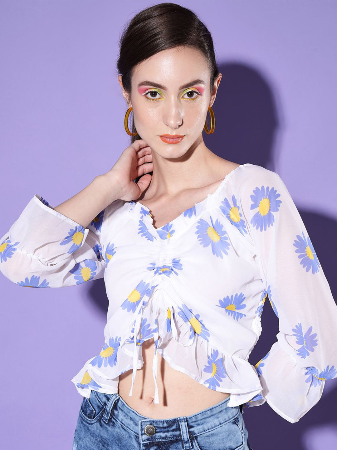 DIMPY GARMENTS Floral Print Puff Sleeve Georgette Crop Top