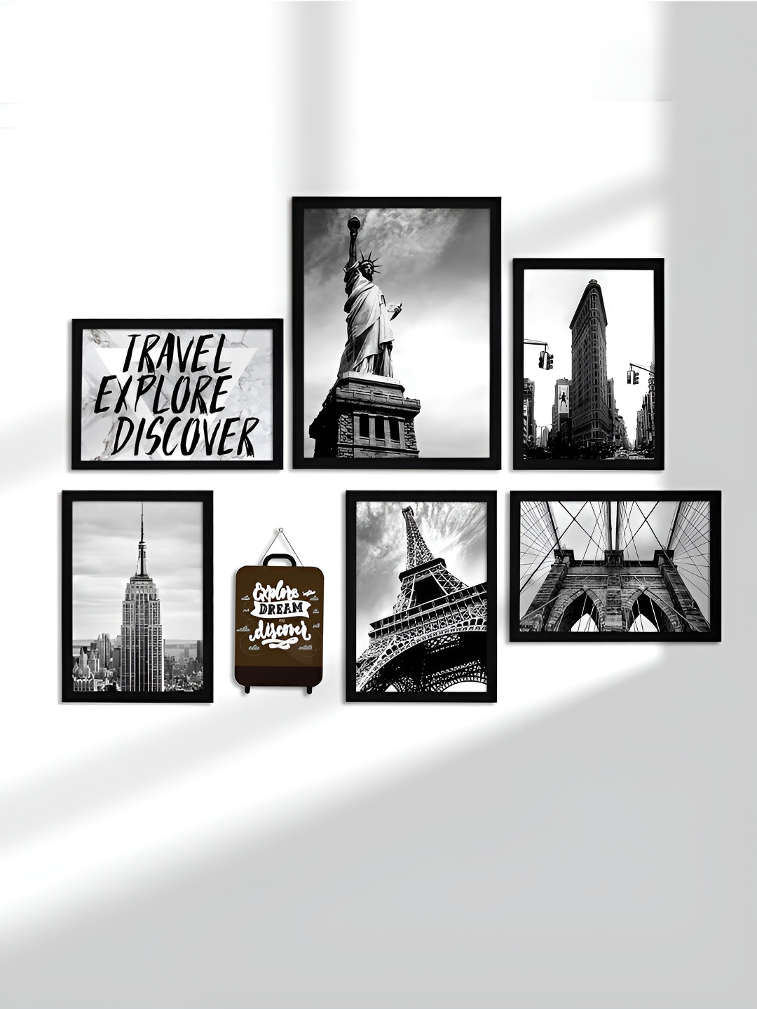 Myntra Elegant Homes Black 7 Pieces Travel Explore Discover Synthetic Wood Wall Paintings