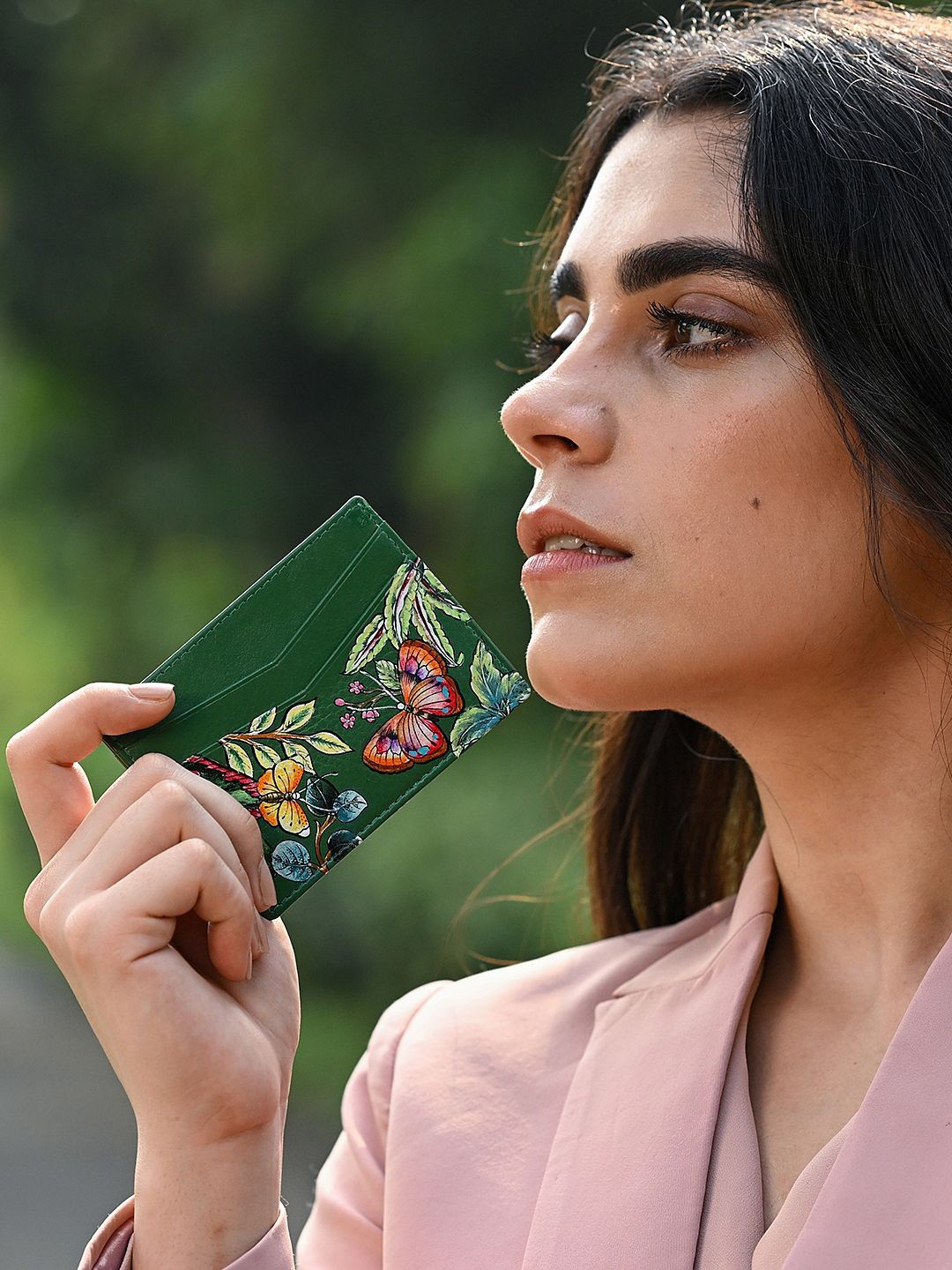 Anuschka Hand Painted Dancing Leaves Leather Credit Card Case