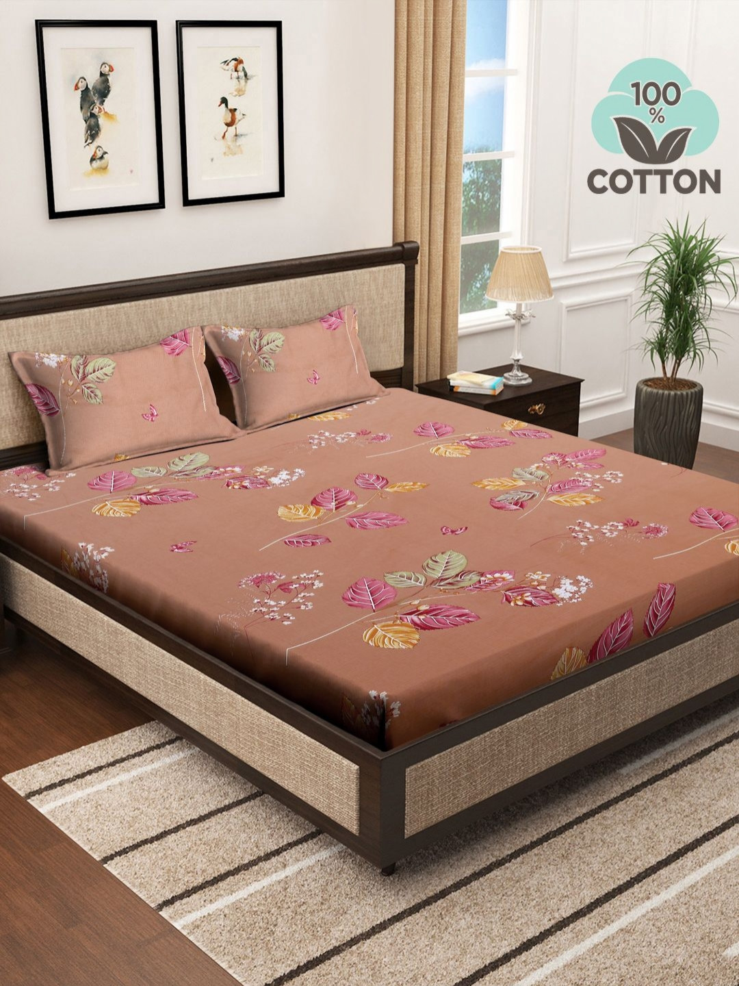 Myntra Elegant Homes Velar Brown Floral Pure Cotton 400 TC Fitted King Superfine Bedsheet with 2 Pillow Covers-250 x 225 cm