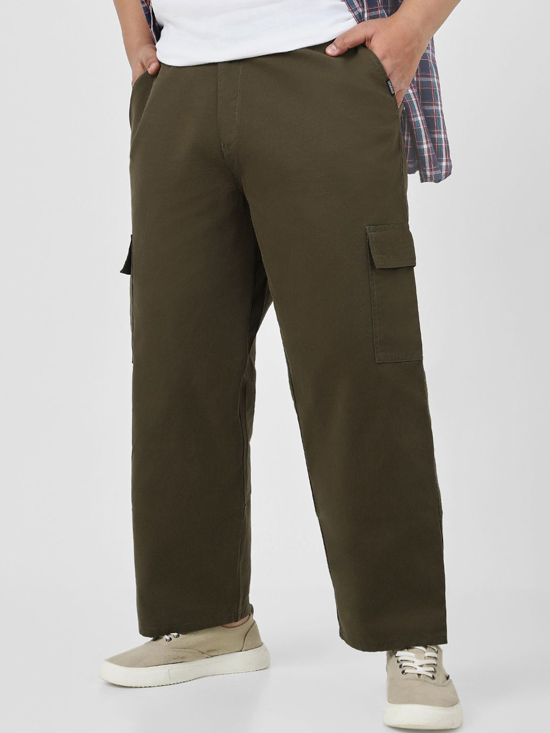 Urbano Plus Men's Olive Loose Baggy Fit Solid Cargo Chino Non-Stretchable Trousers