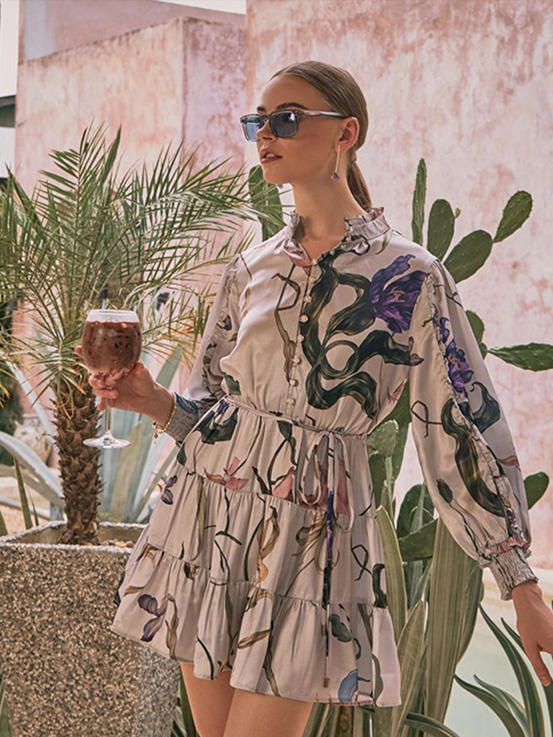 HOUSE OF FETT Tropical Print Satin A-Line Mini Dress