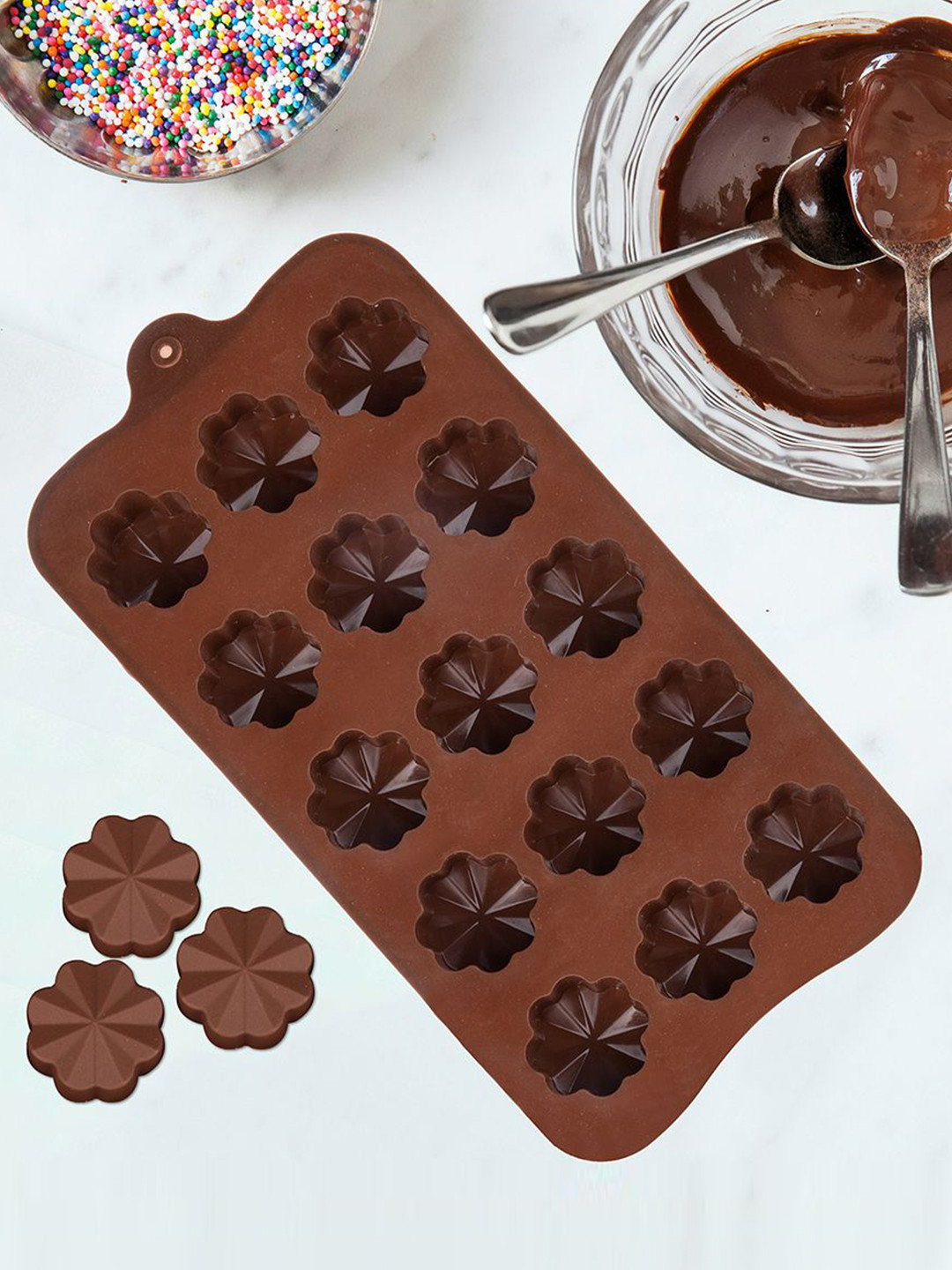 Kuber Industries Brown 2 Pieces Flower Cookies Chocolate Mould Cake Trays