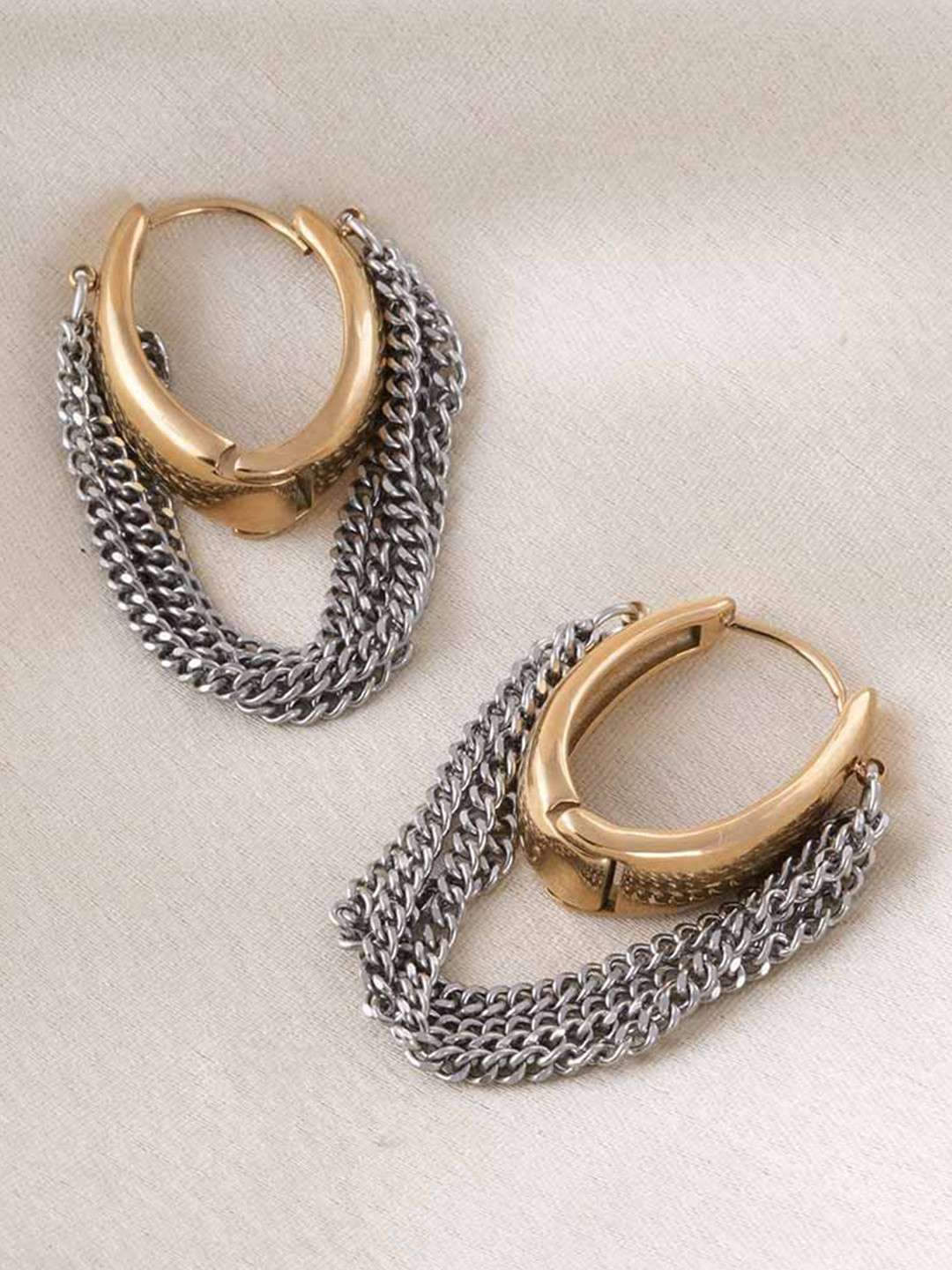 PALMONAS Gold & Silver Plated Anti-Tarnish Contemporary Chain Hoop Earrings