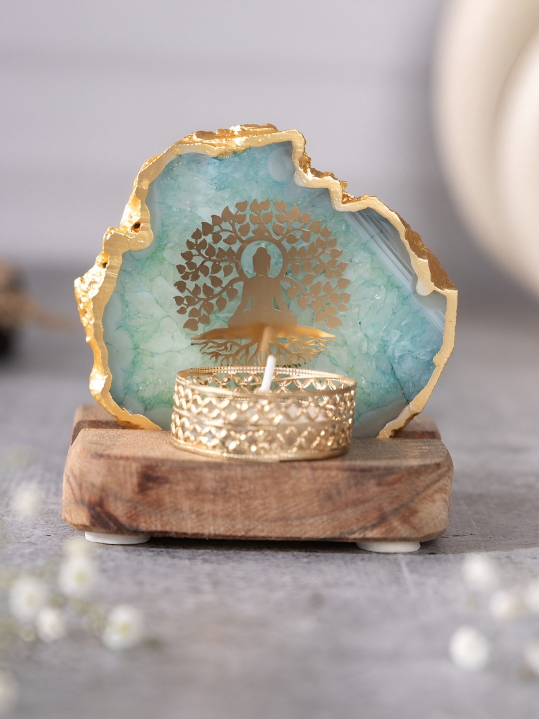 HOMEARTE Turquoise Blue & Brown Buddha Tree Candle Holder With Wooden Base