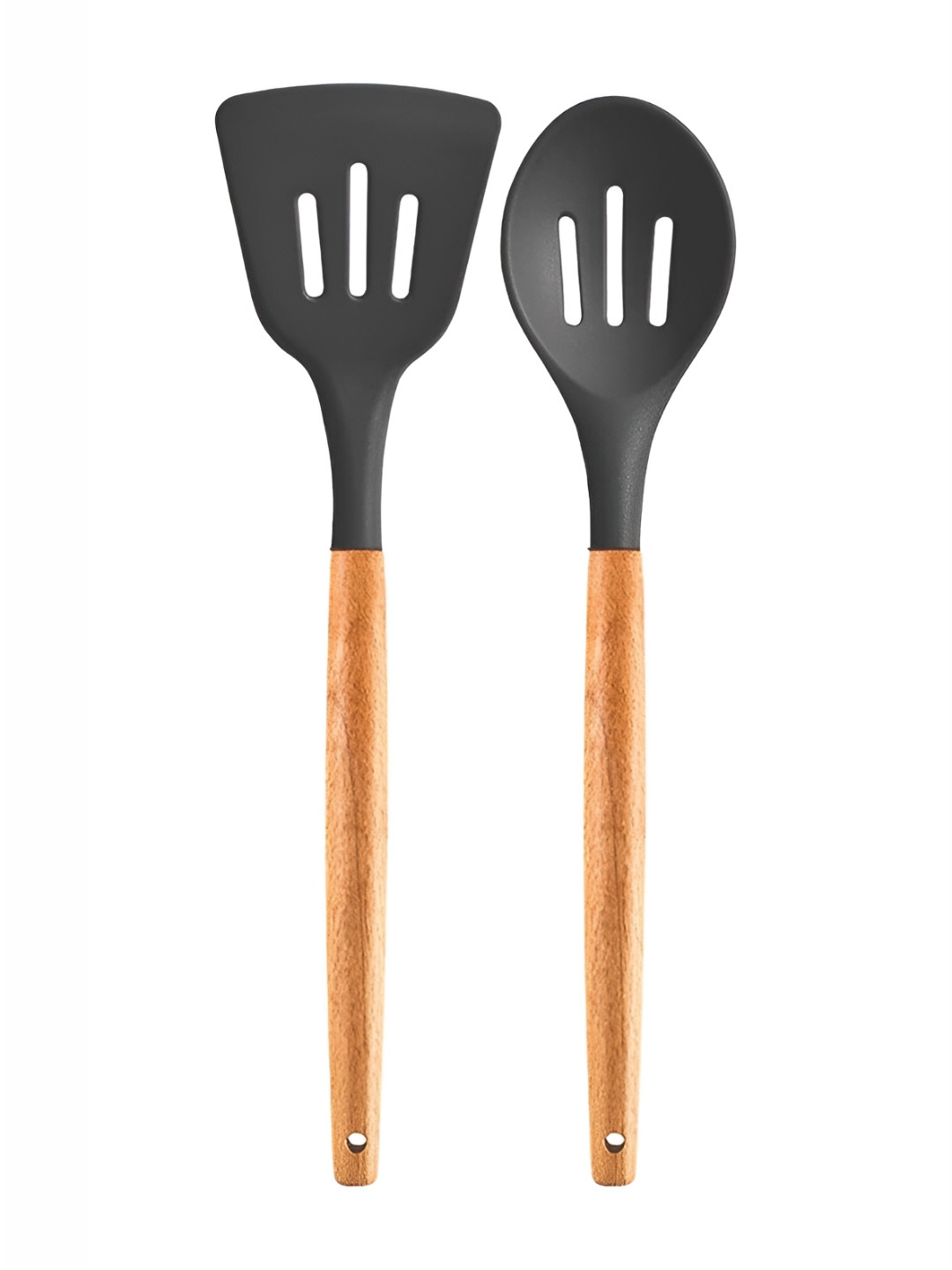 We3 Grey & Brown 2 Pieces Silicone Slotted Turner And Slotted Spoon