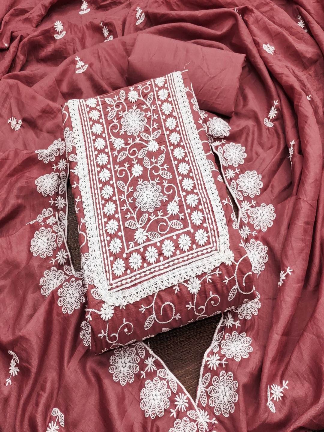 KALINI Floral Lucknowi Embroidered Silk Unstitched Dress Material