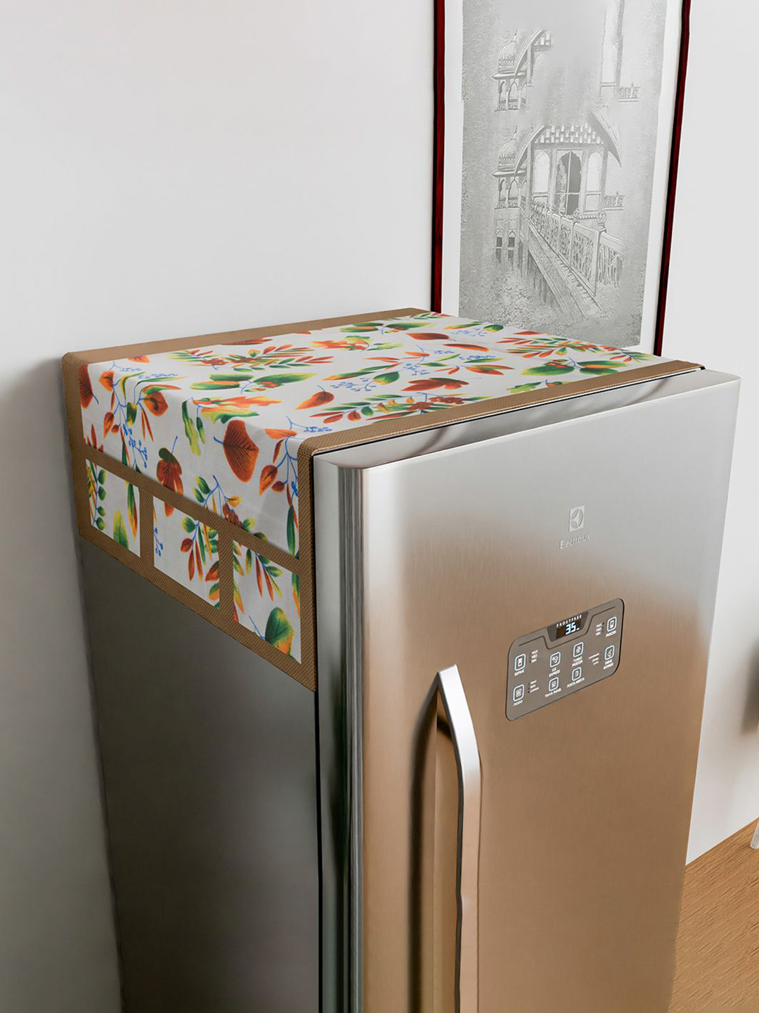 Kuber Industries Cream-Colored & White Printed Fridge Top Cover With 6 Utility Pockets