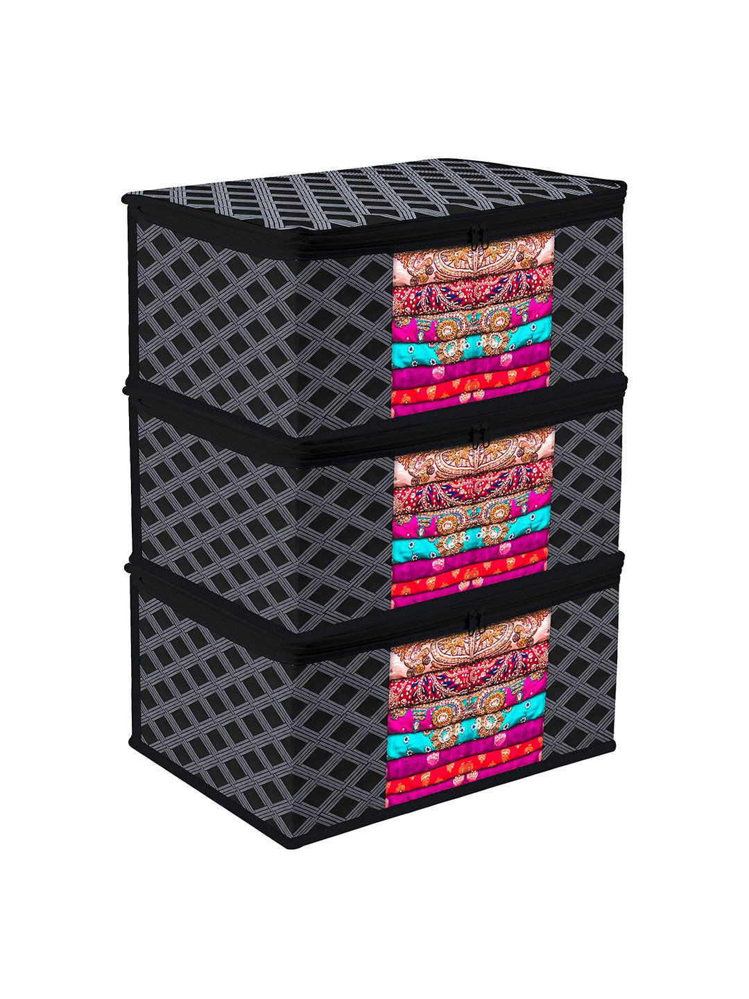 Kuber Industries Black & Transparent 3 Pieces Checked Saree Covers With Zip