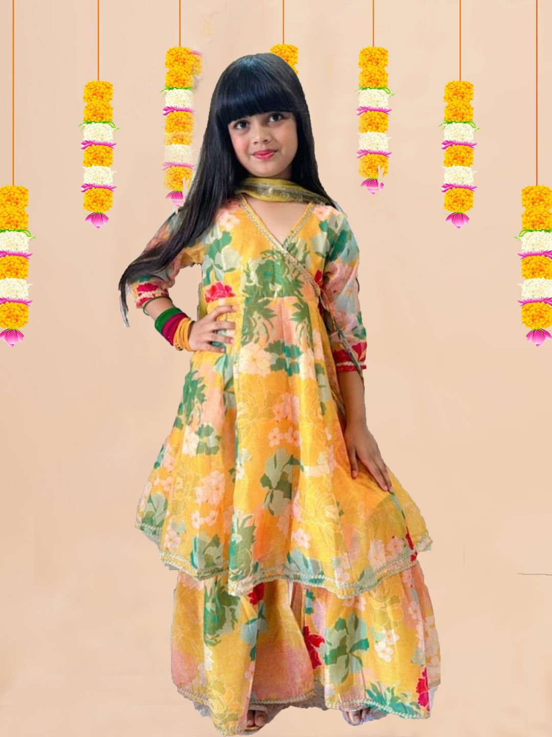 NKV Girls Floral Printed Angrakha Thread Work Kurta with Sharara & With Dupatta
