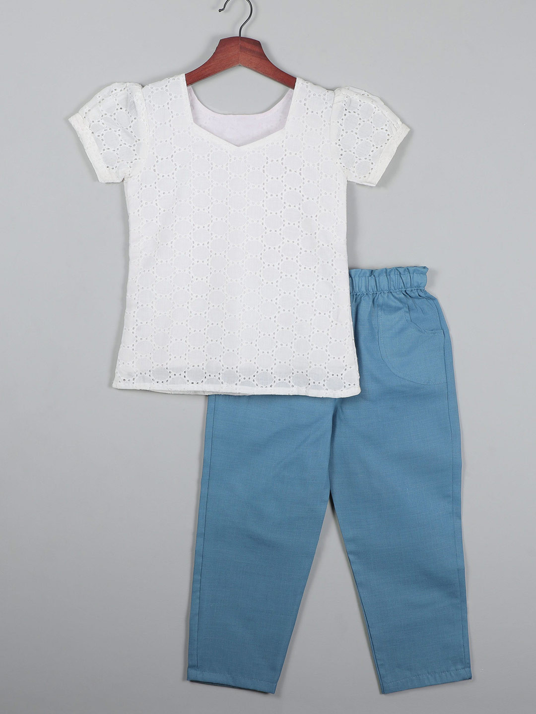 SHAHUDI DESIGNER Girls Self Design Square Neck Puffy Short Sleeves Top With Trousers