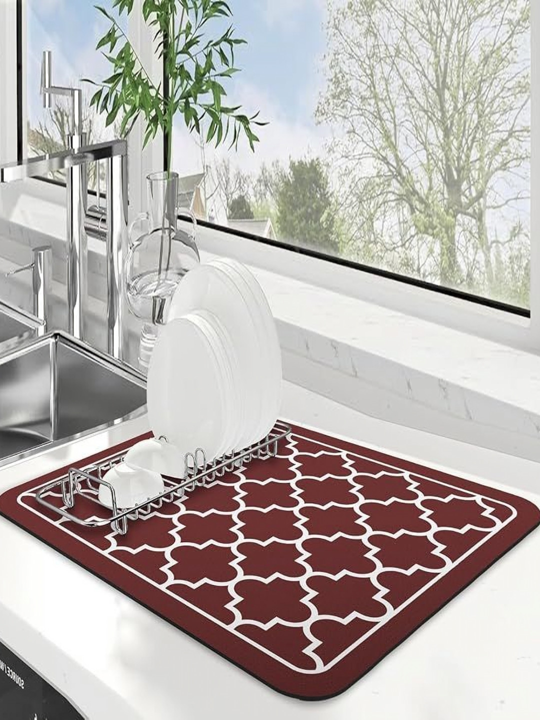 FAVRIA Maroon & White Printed Waterproof Kitchen Mat