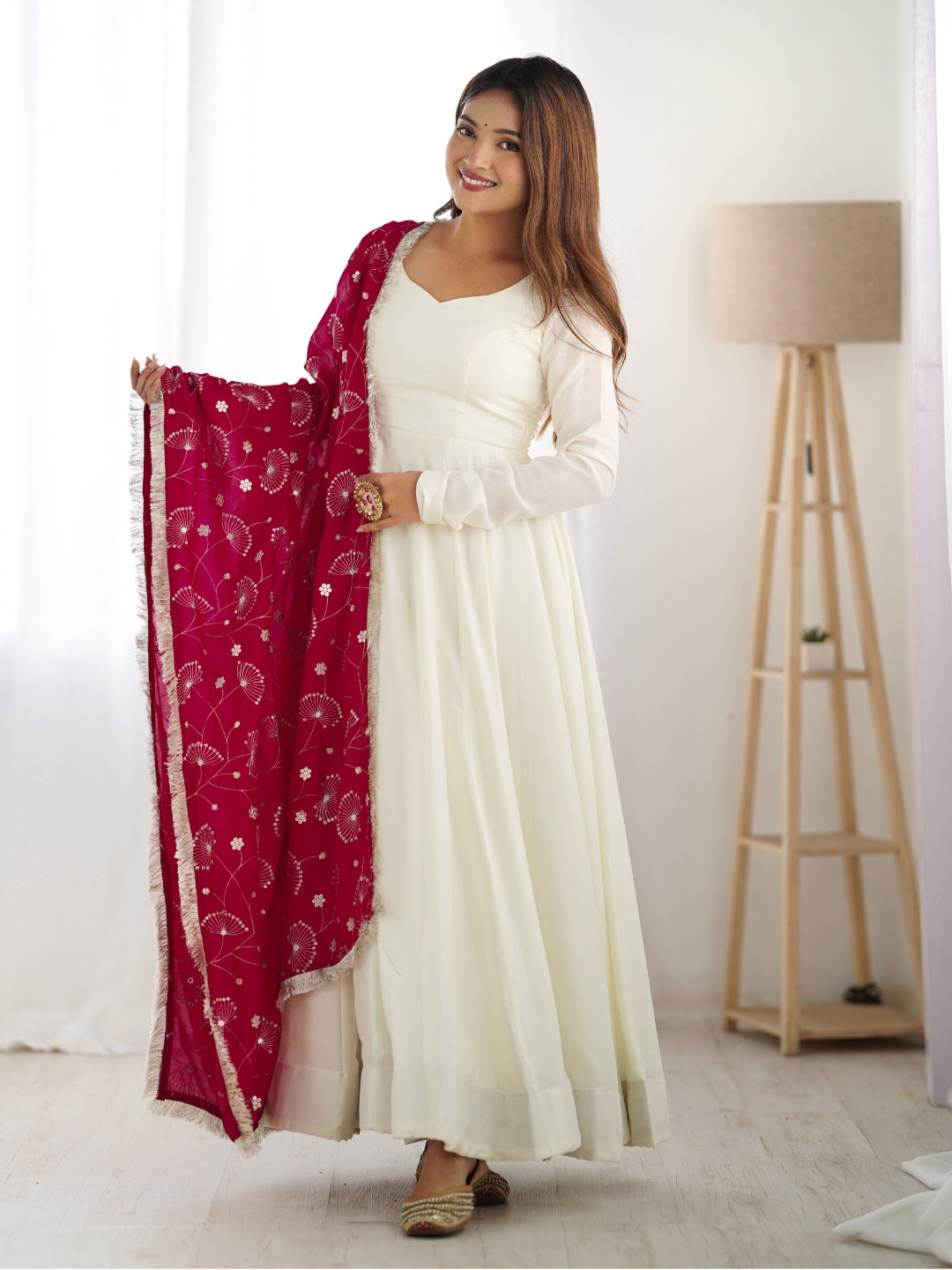 Fusionic Pure Silk Anarkali Ethnic Dress With Embroidered Dupatta