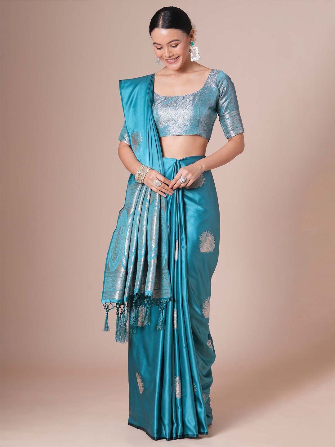 House Of Pataudi Light Blue Satin Silk  Woven Design Party Wear Saree with Matching Blouse