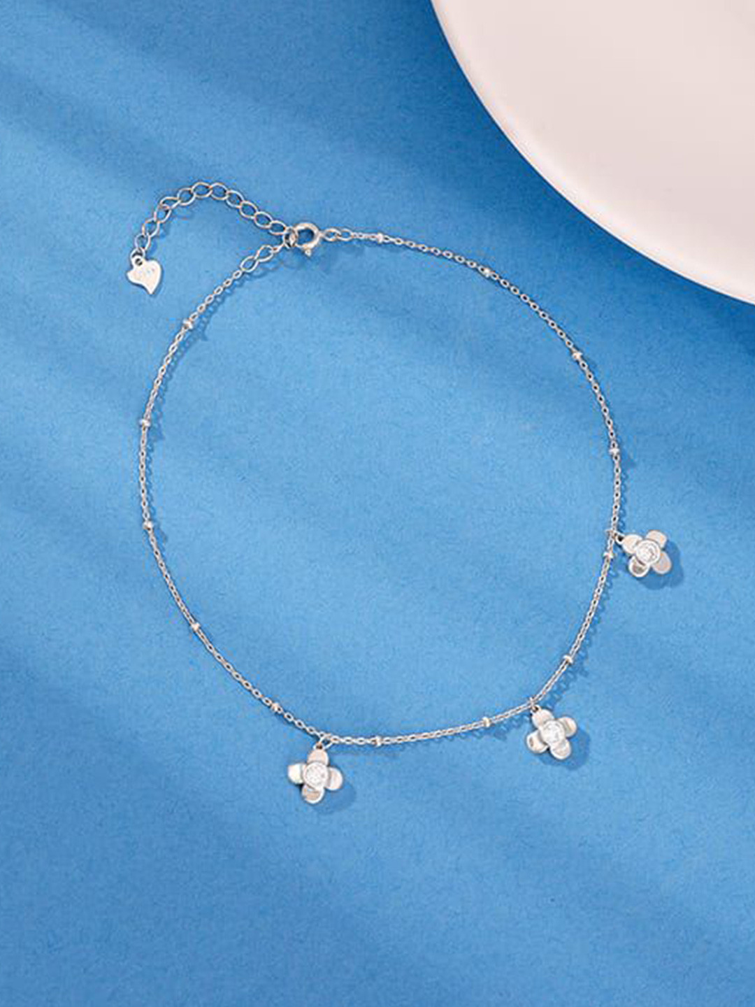 GIVA Clover Charm Set Of 2 925 Sterling Silver Rhodium-Plated Crystals Anklet