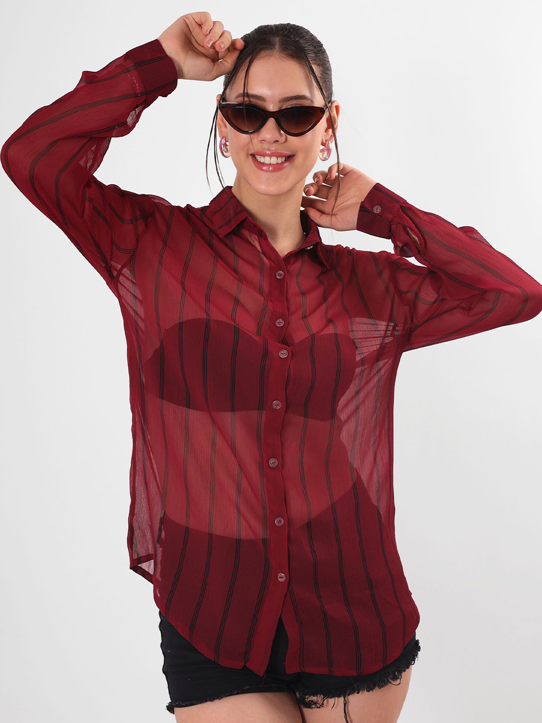 clobug Women Relaxed Fit Vertical Stripes Casual Shirt