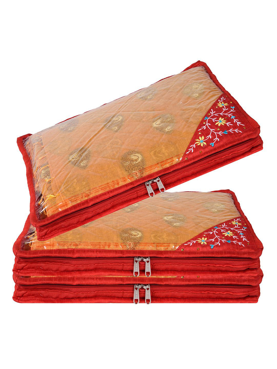 Kuber Industries Red & Transparent 3 Pieces Embroidery Satin Saree Covers With Zip