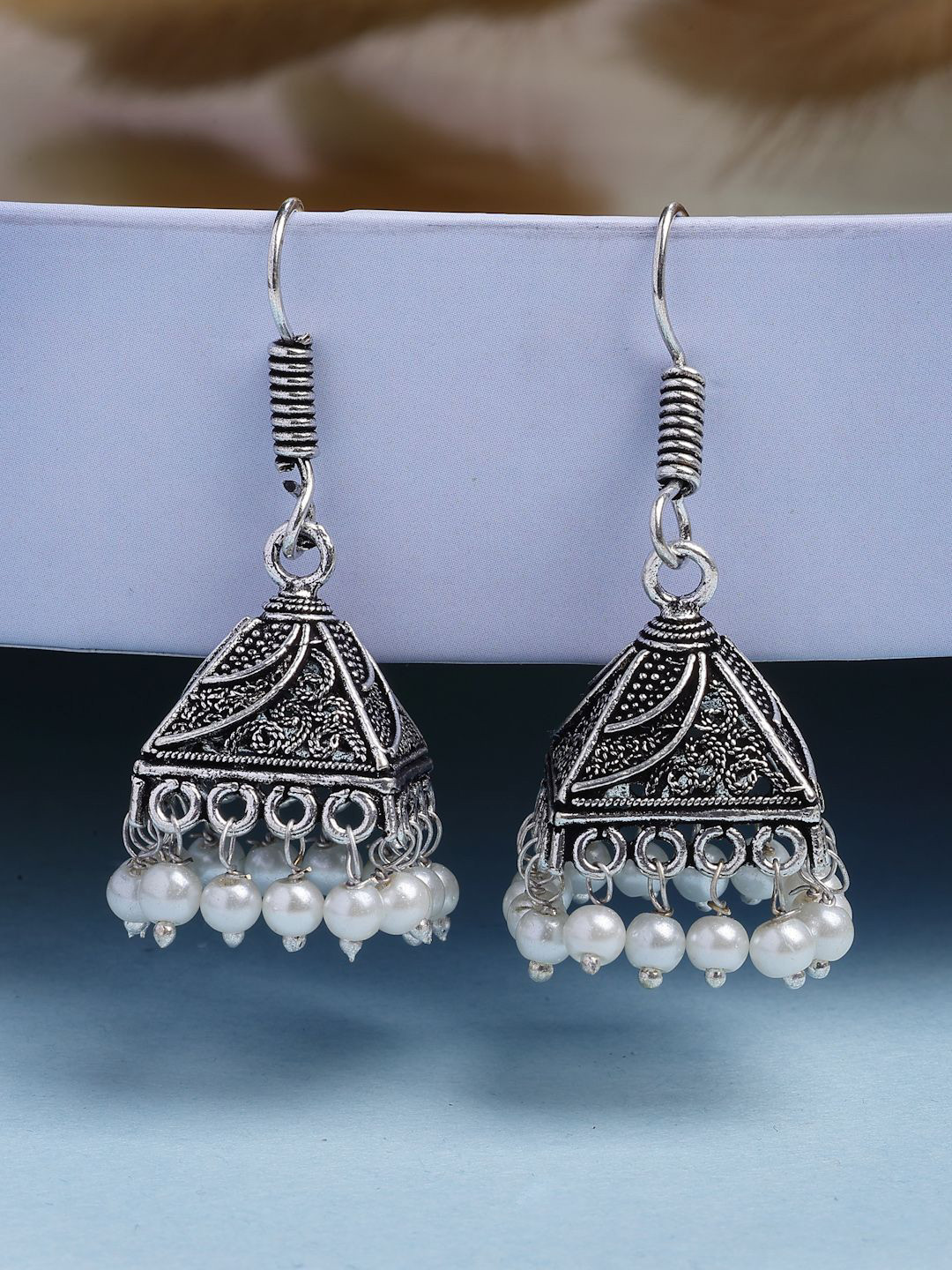 NVR Women Silver-Plated Oxidised White Artificial Beads Jhumka