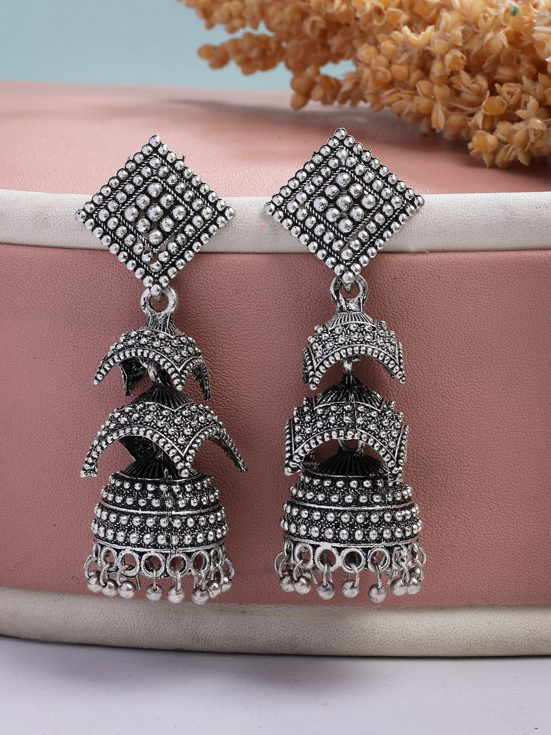 NVR German Silver Traditional Silver Plated Dome Shaped Oxidised Jhumka Earrings