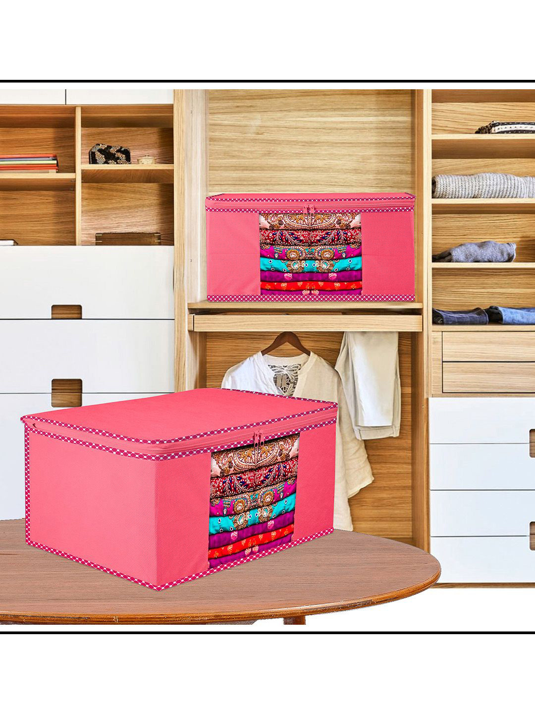 Kuber Industries Pink & Transparent 3 Pieces Dots Printed Saree Cover With Zip