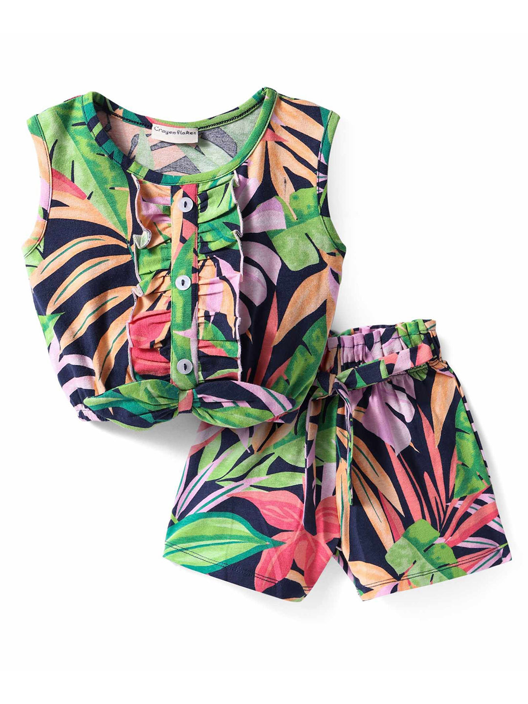 CrayonFlakes Girls Floral Printed Round Neck Pure Cotton Frilled Crop Top With Short