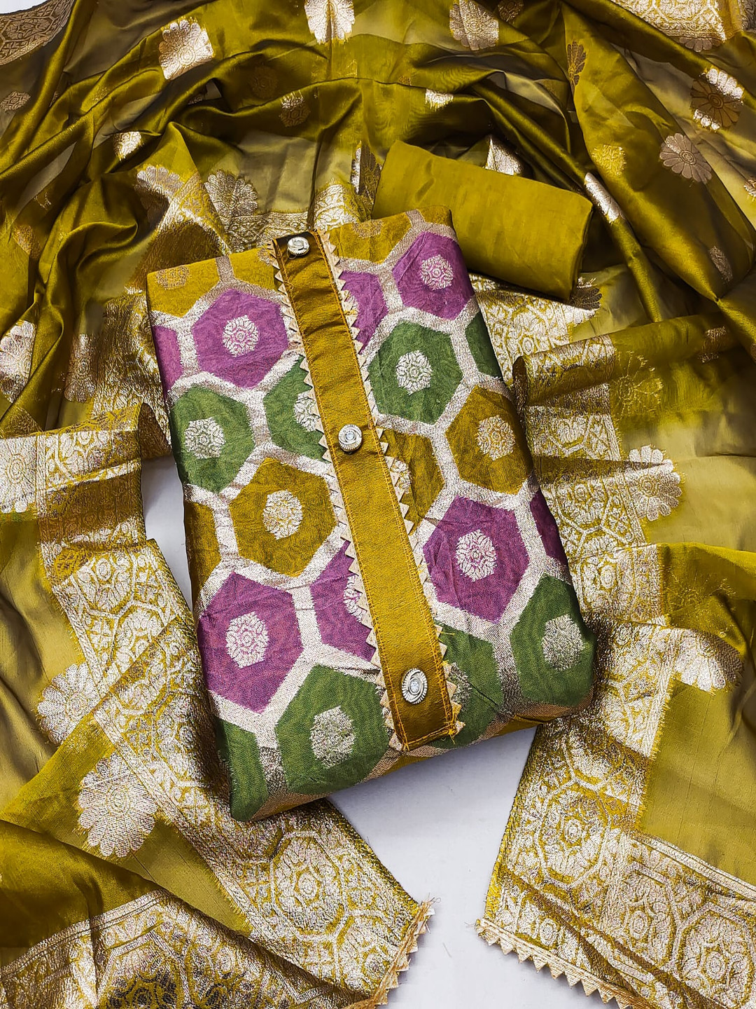 Rangtulika Ethnics Woven Design Oraganza Banarasi Jacquard Unstitched Dress Material