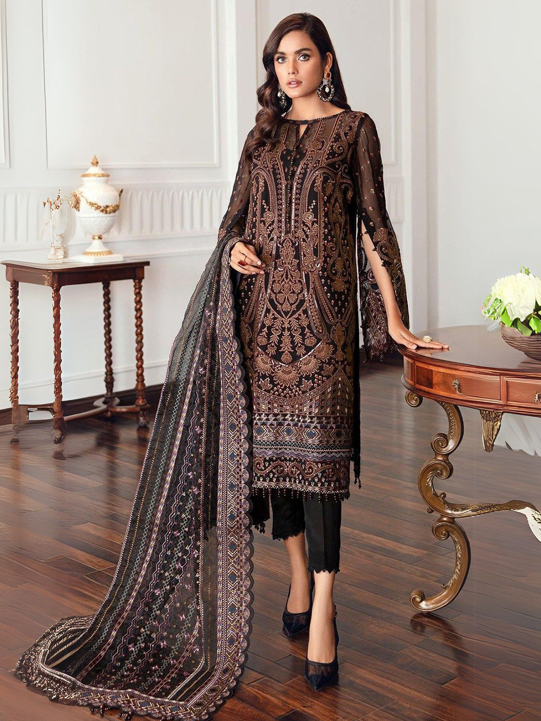 ODETTE Women Black Georgette Rose Gold Embroidered Semi-Stitched Dress Material
