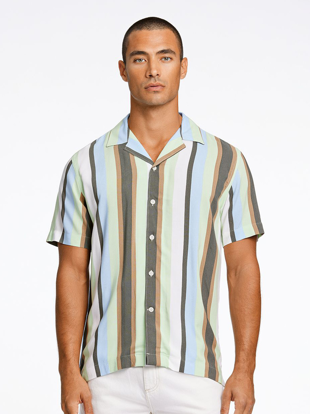 LINDBERGH Men Multicolor Vertical Stripes Cuban Collar Shirt