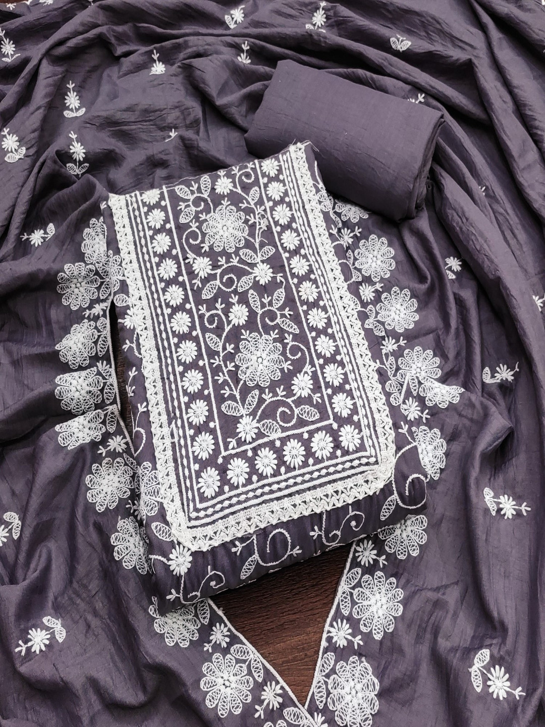 KALINI Floral Embroidered Lucknowi Thread Work Unstitched Dress Material