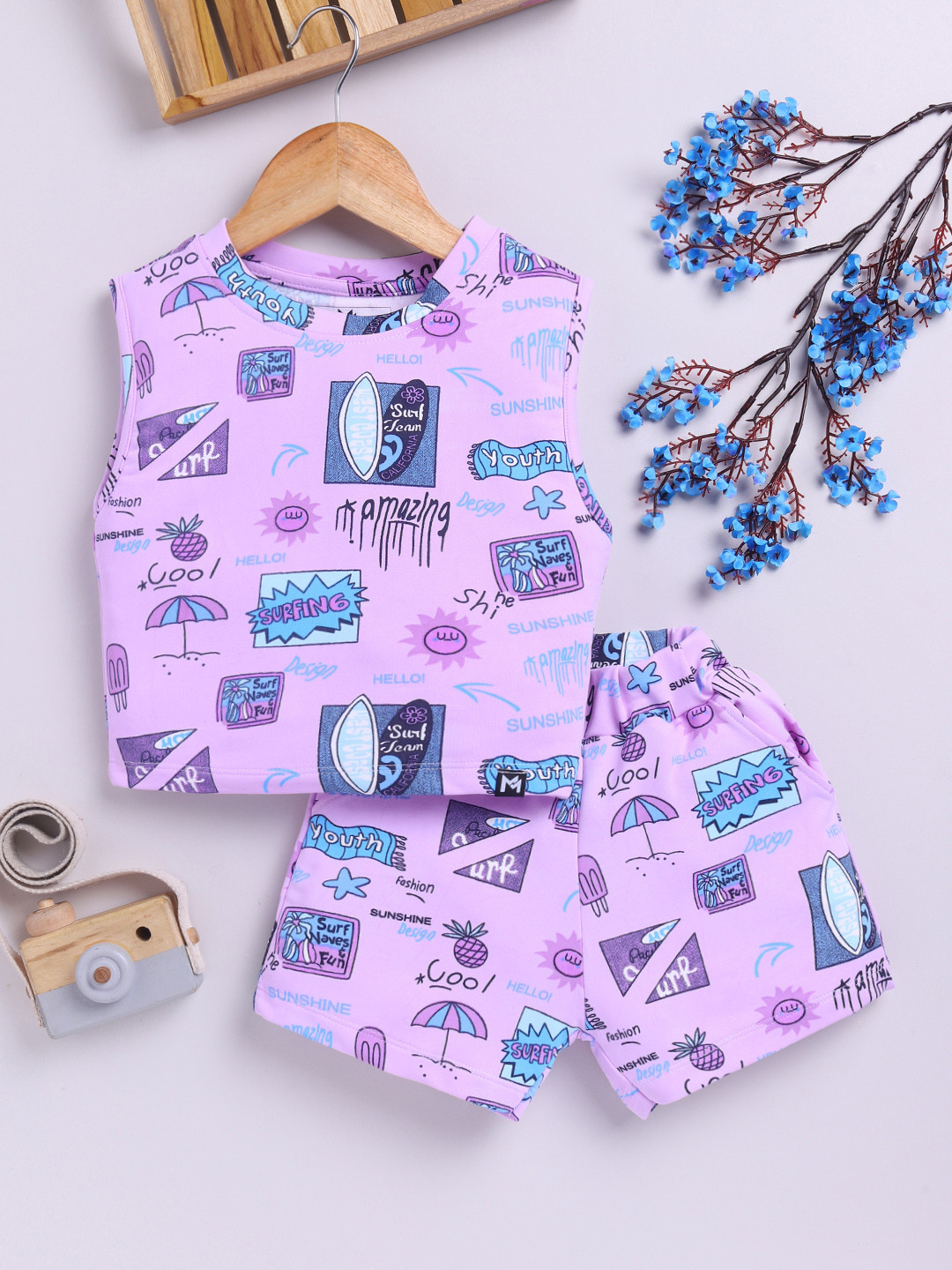 YK X Minute Mirth Girls Conversational Printed Sleeveless Top with Shorts