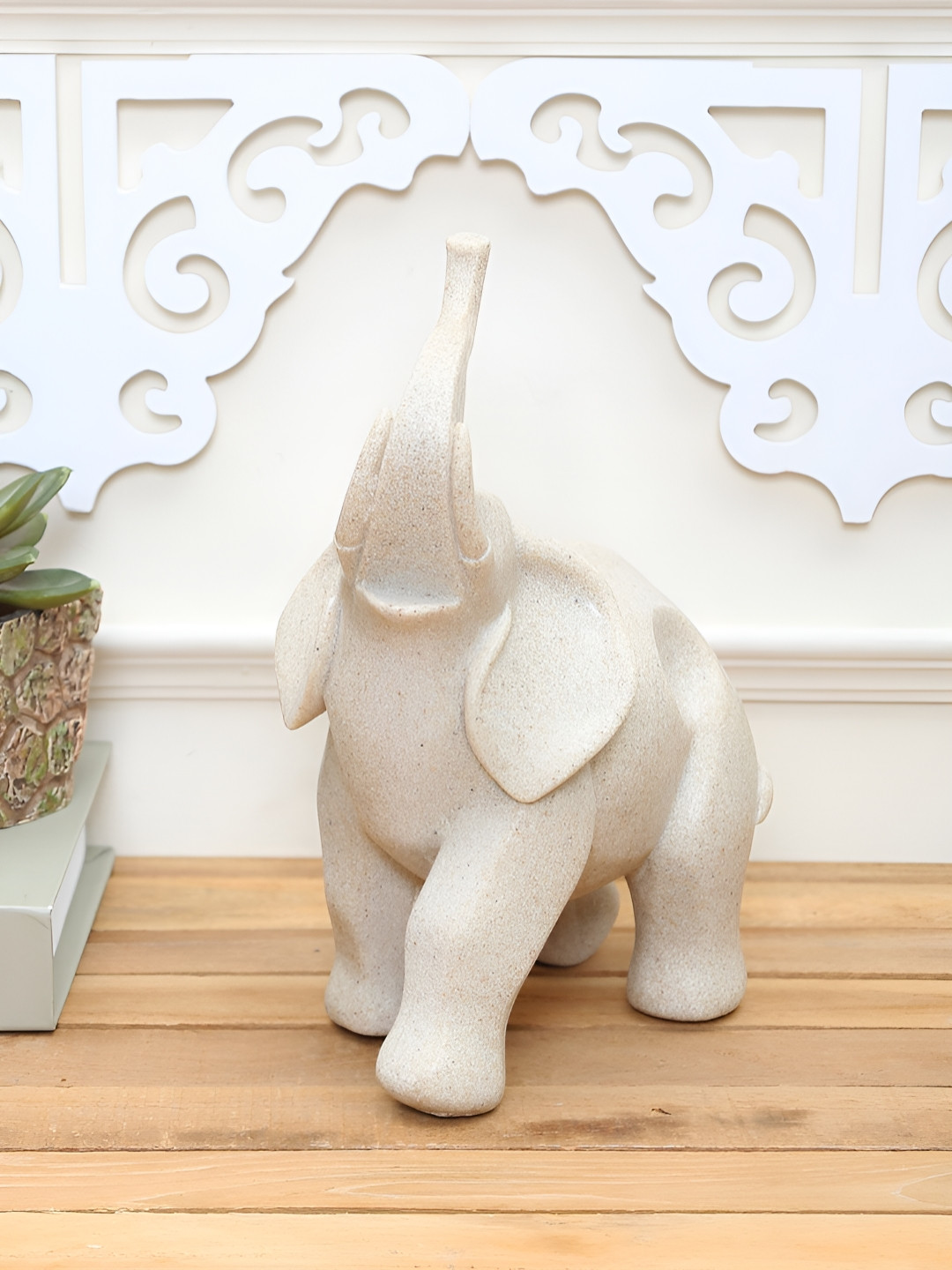 TAYHAA Breath-Taking Trumpeting Elephant Beige Polyresin Matte Living Room Medium Showpiece - 8.9 Inches