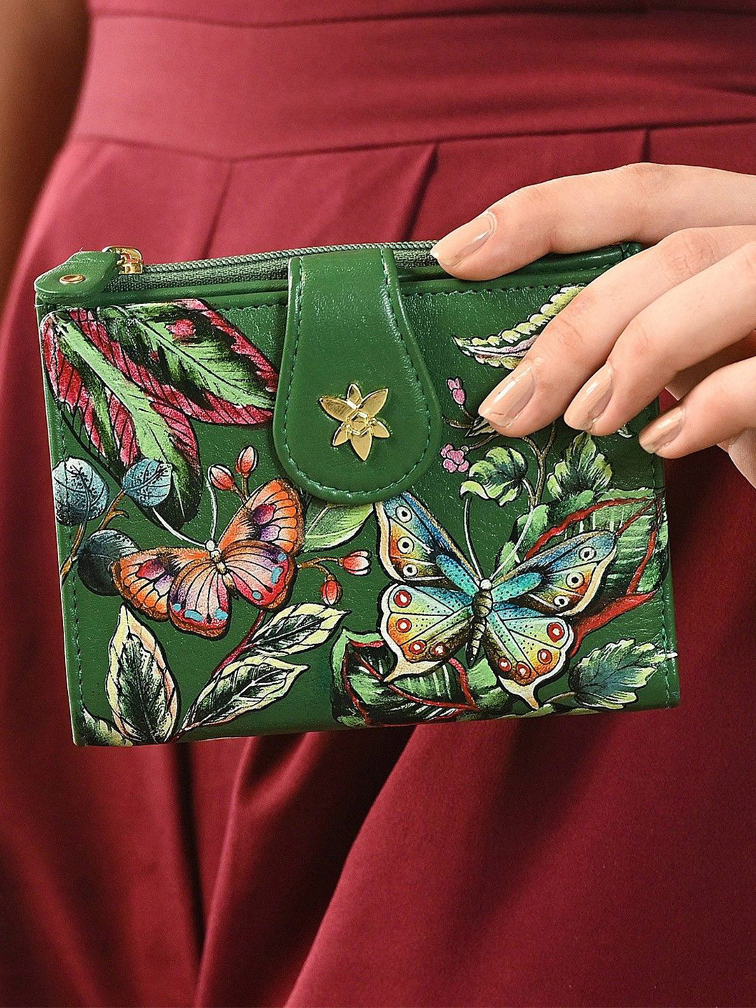 Anuschka Hand Painted Dancing Leaves Leather Two Fold Organizer Wallet