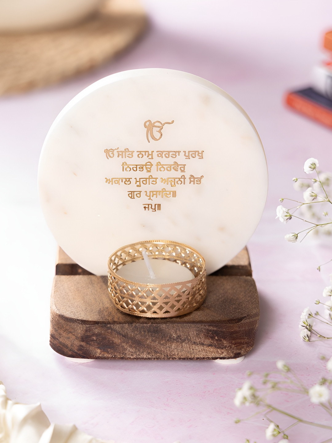 HOMEARTE White & Brown Ik Onkar Mantra Marble Candle Holder With Wooden Base