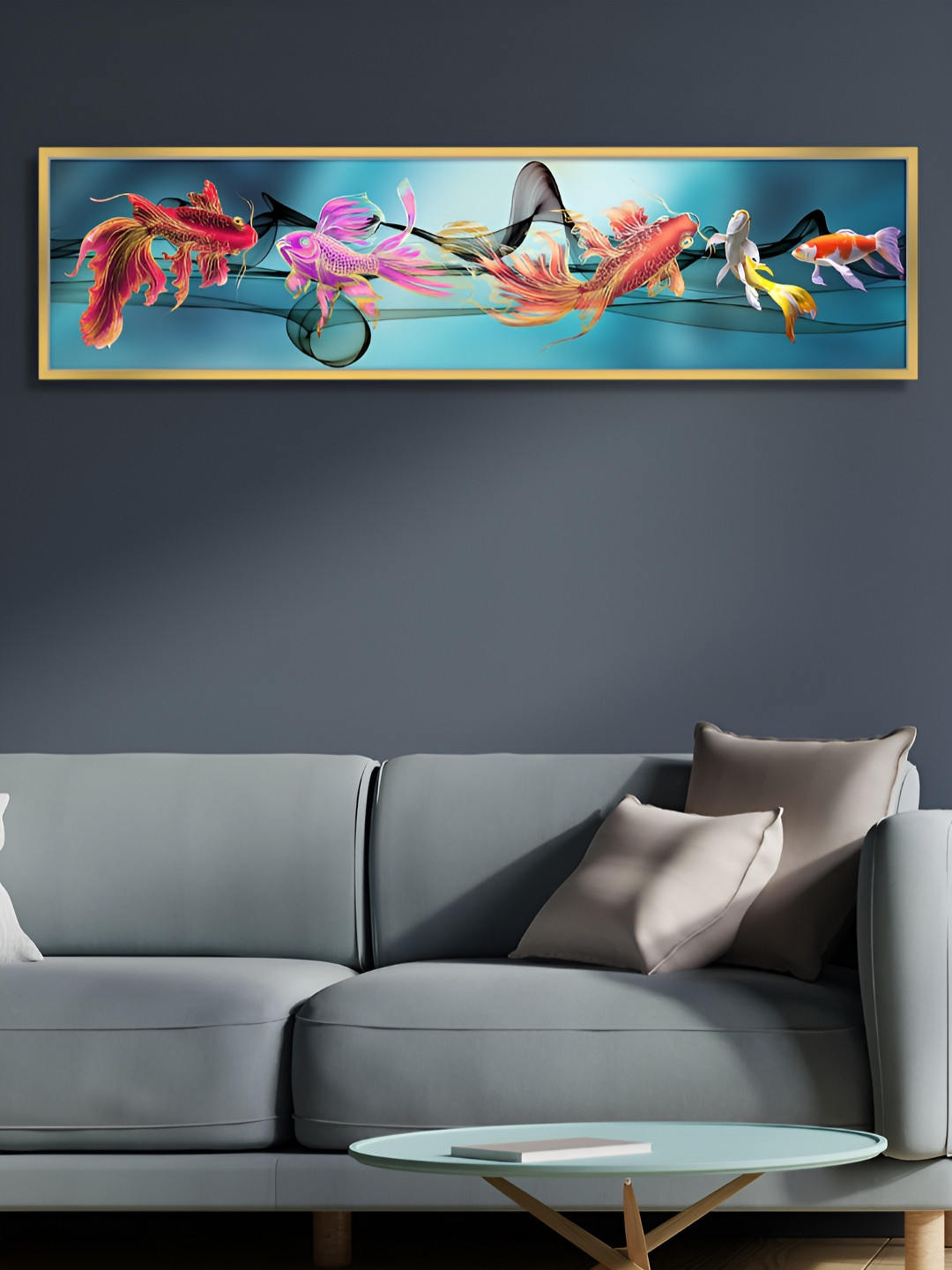 Myntra Elegant Homes Blue & Yellow Auspicious Five Fish Canvas Wall Painting