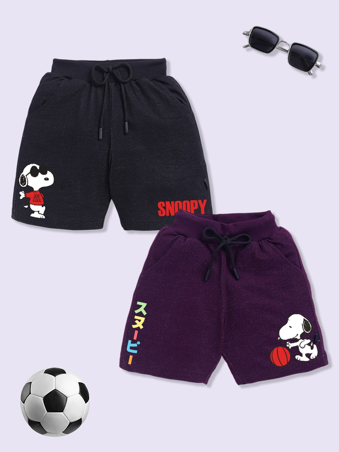 YK X Minute Mirth Boys Assorted Pack Of 2 Snoopy Printed Cotton Shorts
