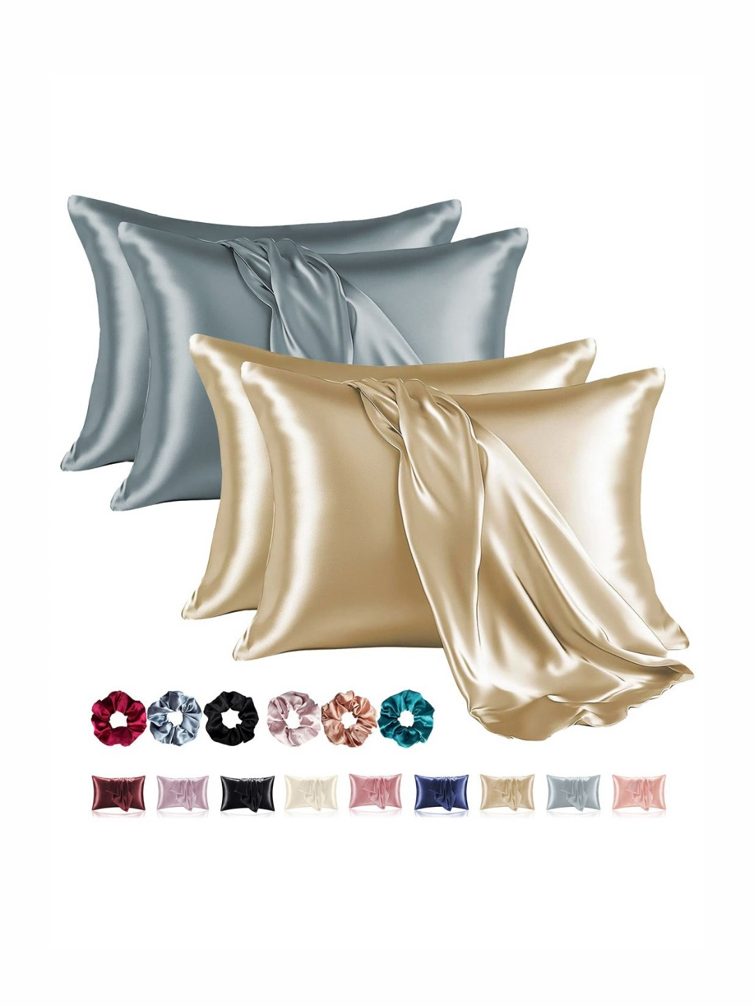 Aura Champagne & Grey 4 Pieces Solid Pure Silk Rectangle Pillow Covers