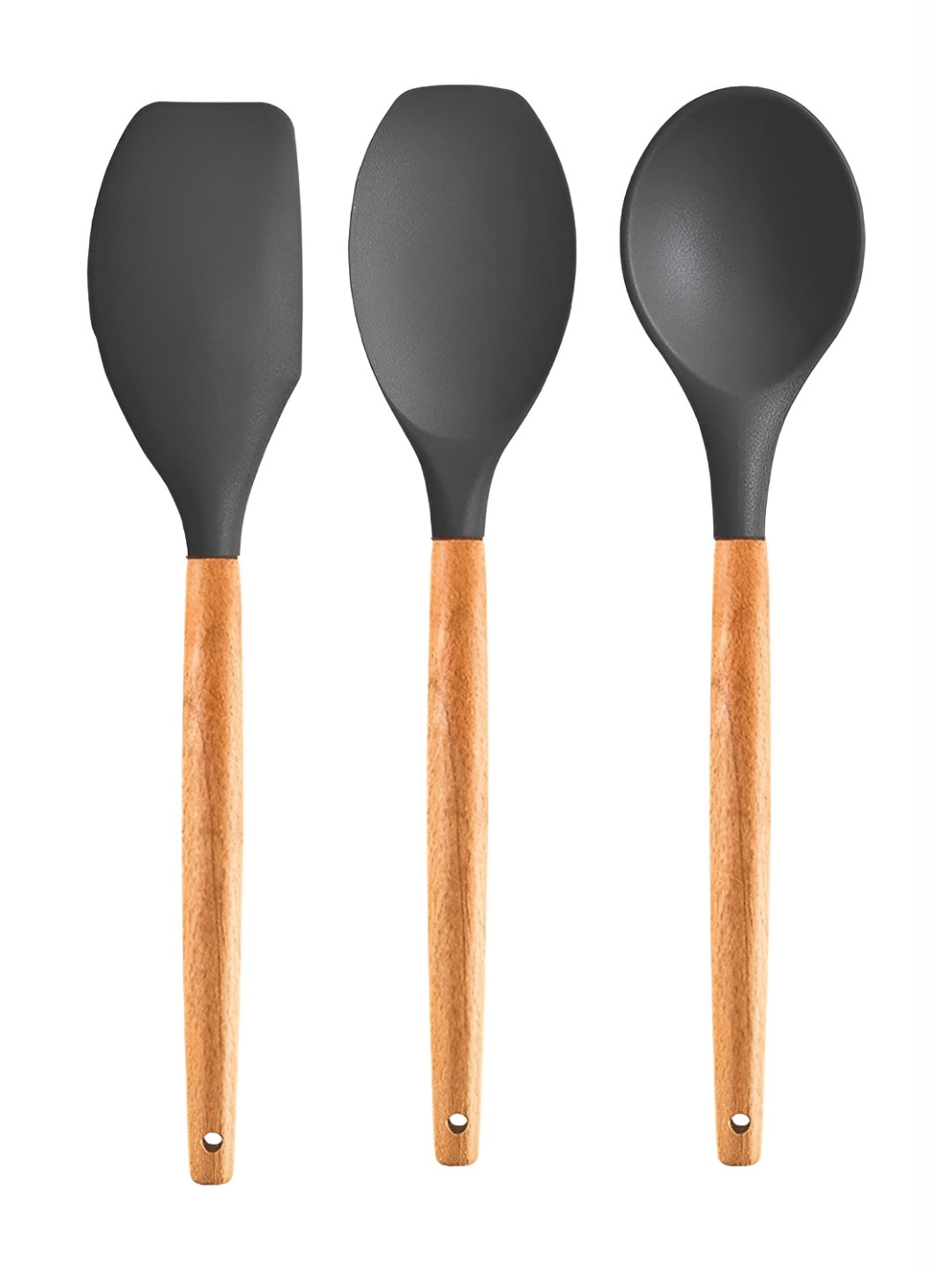 We3 Grey 3 Pieces Silicone Slotted Spoon & Spoon Spatula & Mixing Spatula