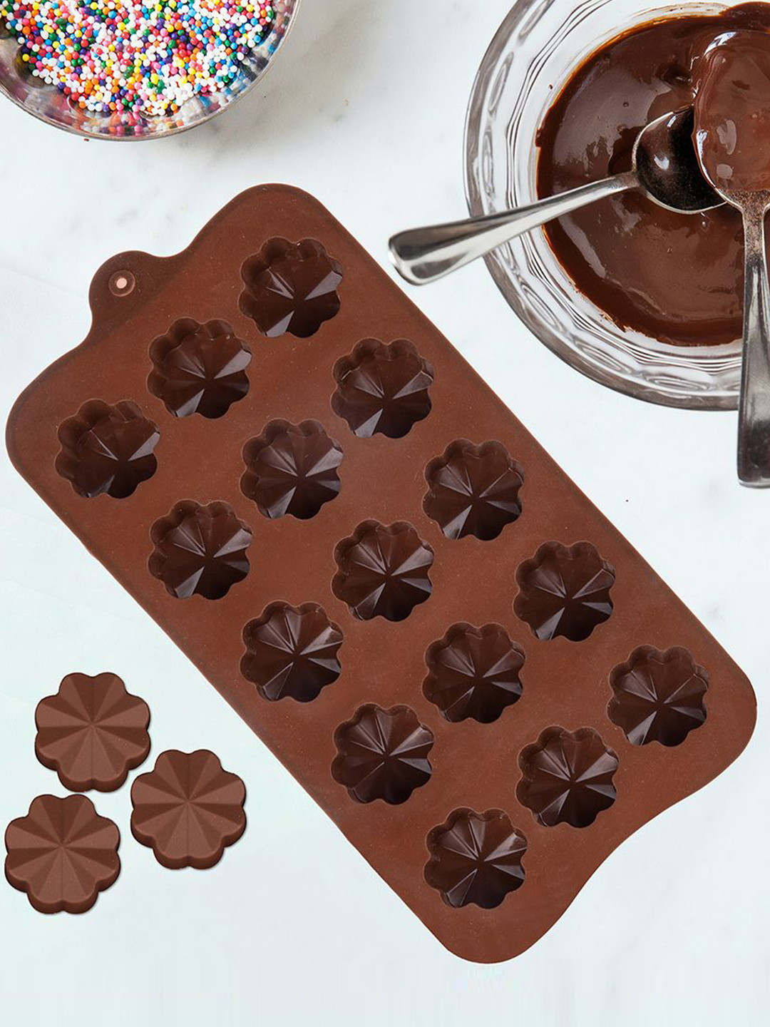 Kuber Industries Brown 3 Pieces Flower Cookies Chocolate Mould Cake Tray