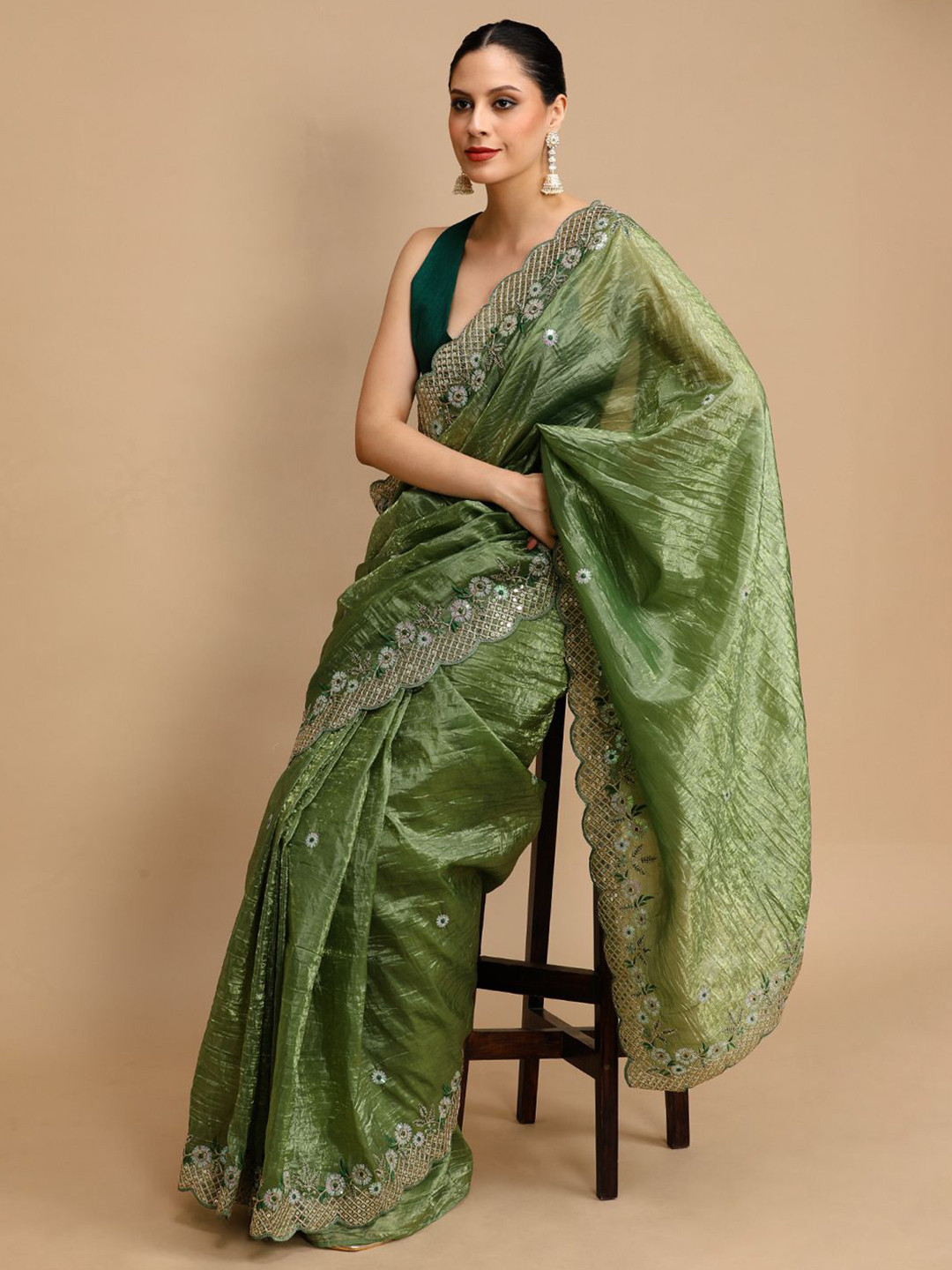 House of Pataudi Coding & Sequin Embroidered Saree With Blouse Piece